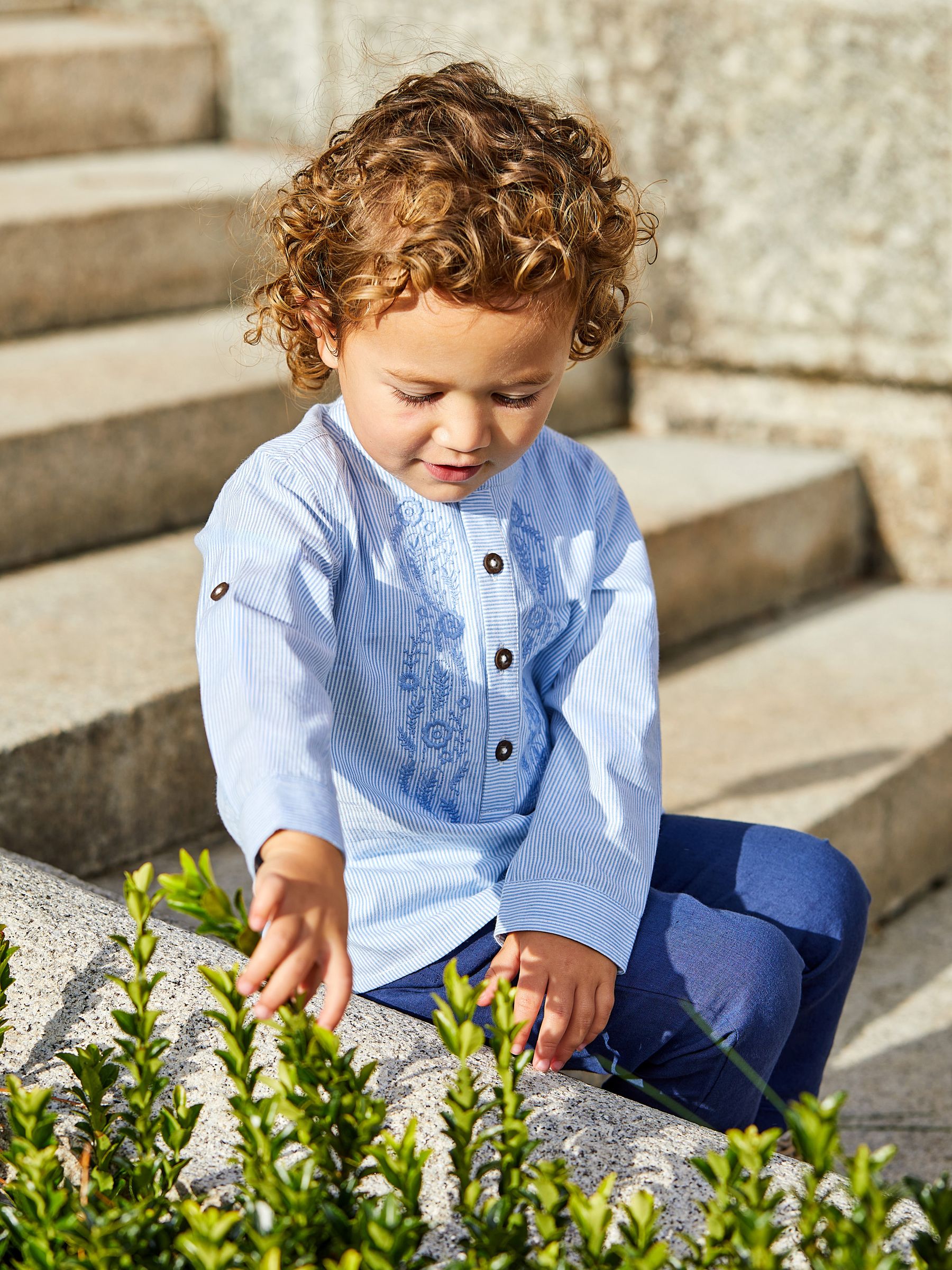 Blue 2-Piece Embroidered Grandad Shirt & Trousers Set - Image 7 of 8