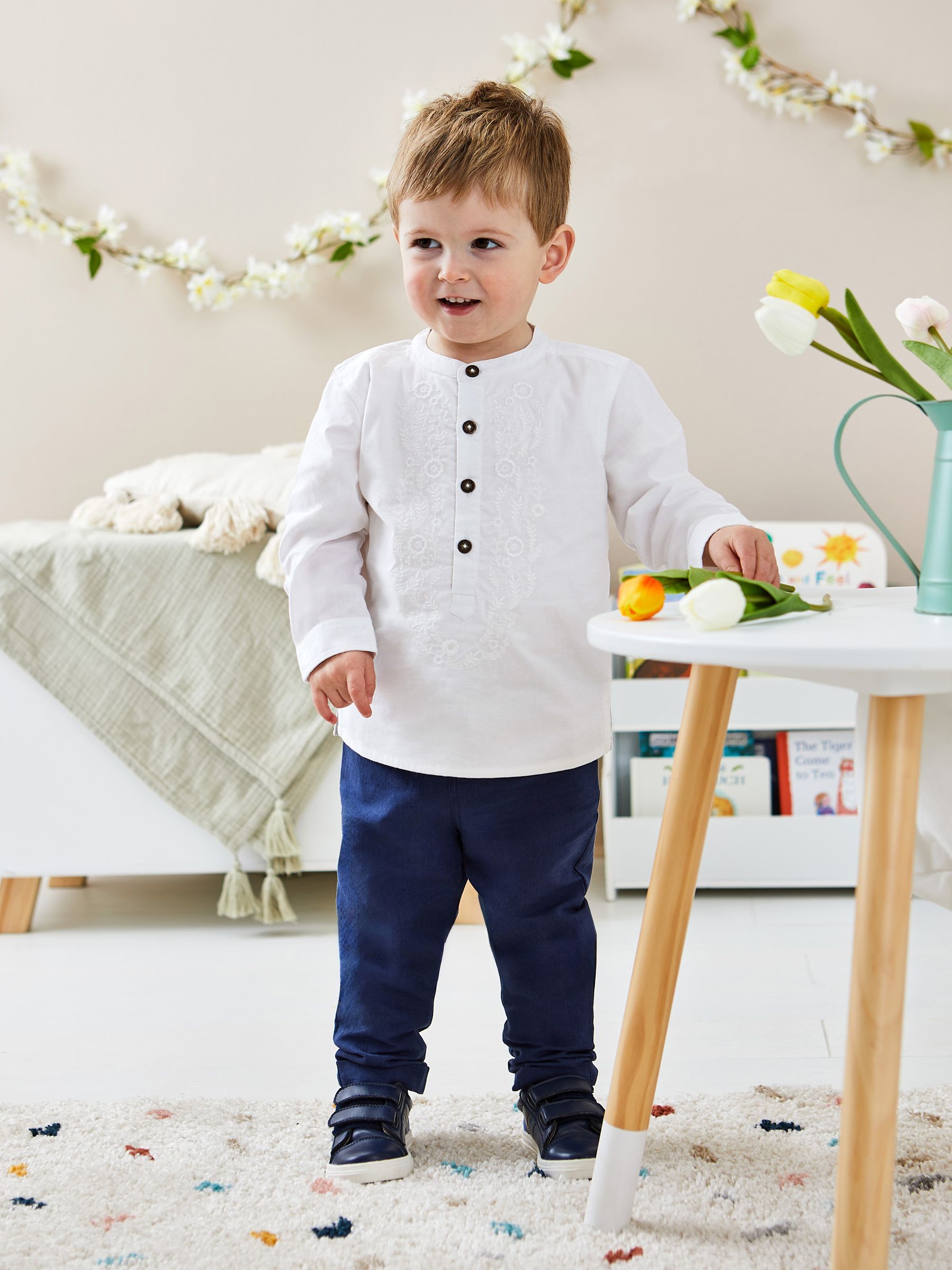 White 2-Piece Embroidered Grandad Shirt & Trousers Set - Image 1 of 6