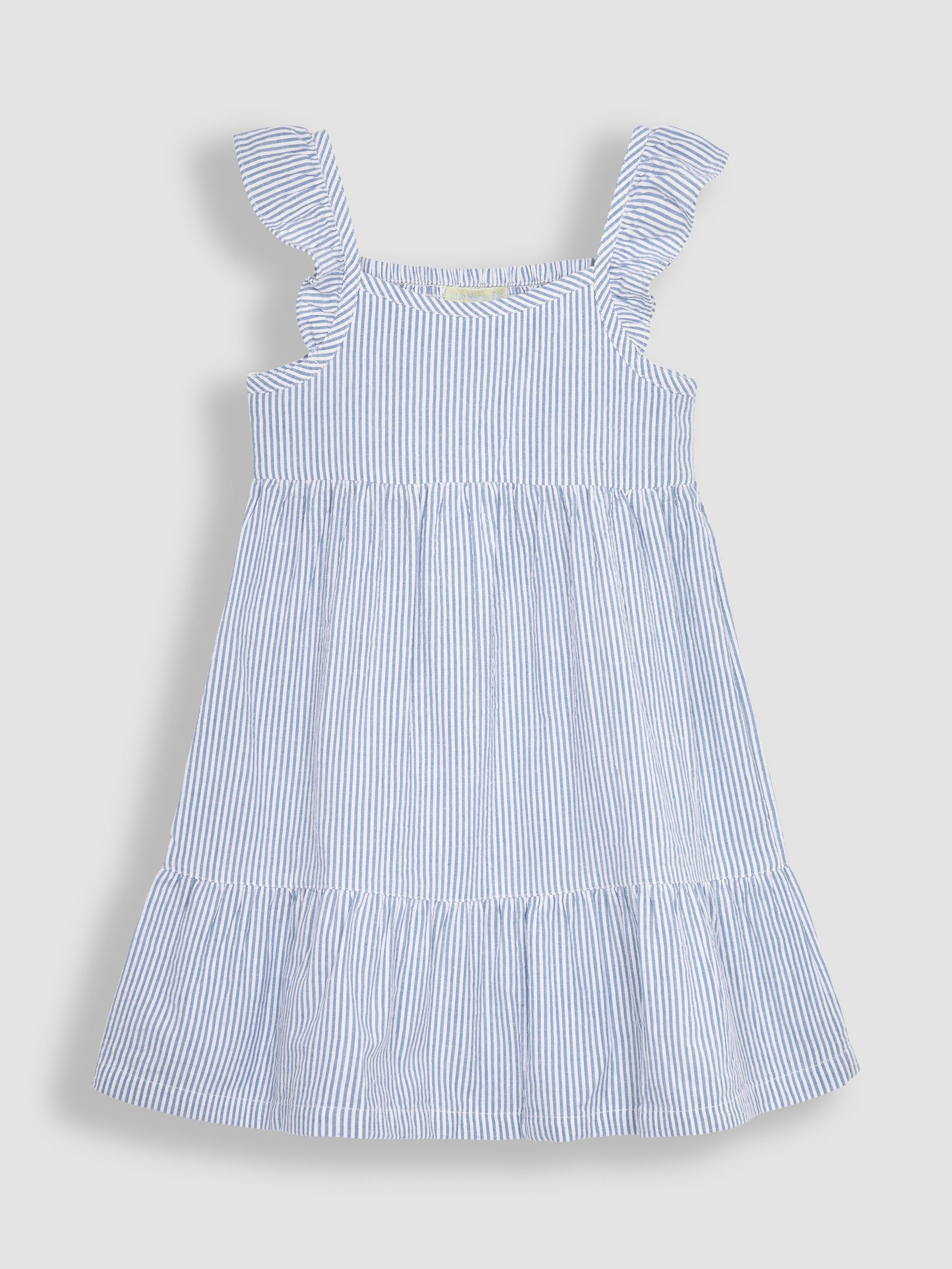 Blue Seersucker Stripe Frill Shoulder Tiered Dress - Image 1 of 3