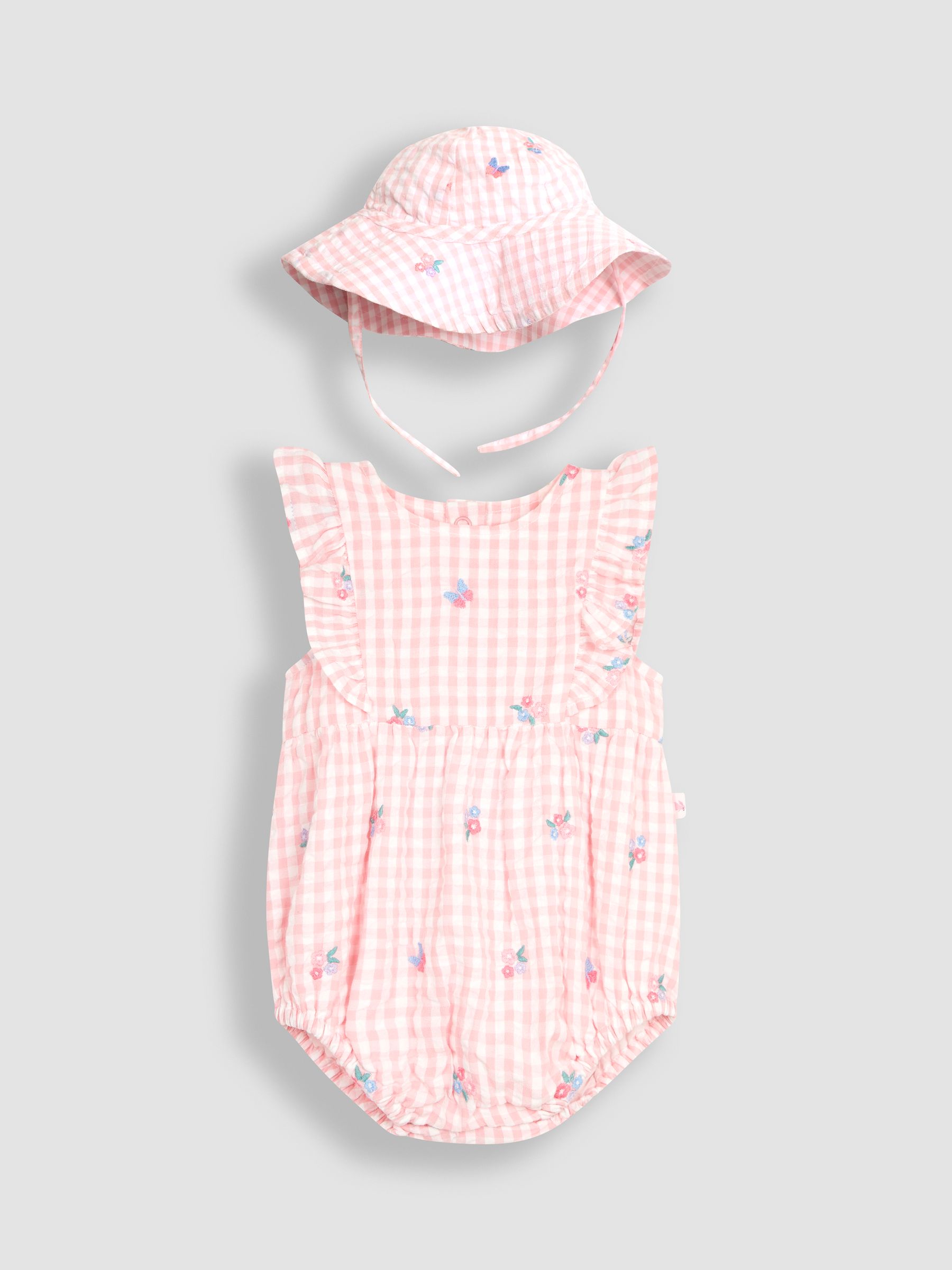 Floral Embroidered Gingham Bubble Romper in Pink - Image 1 of 5