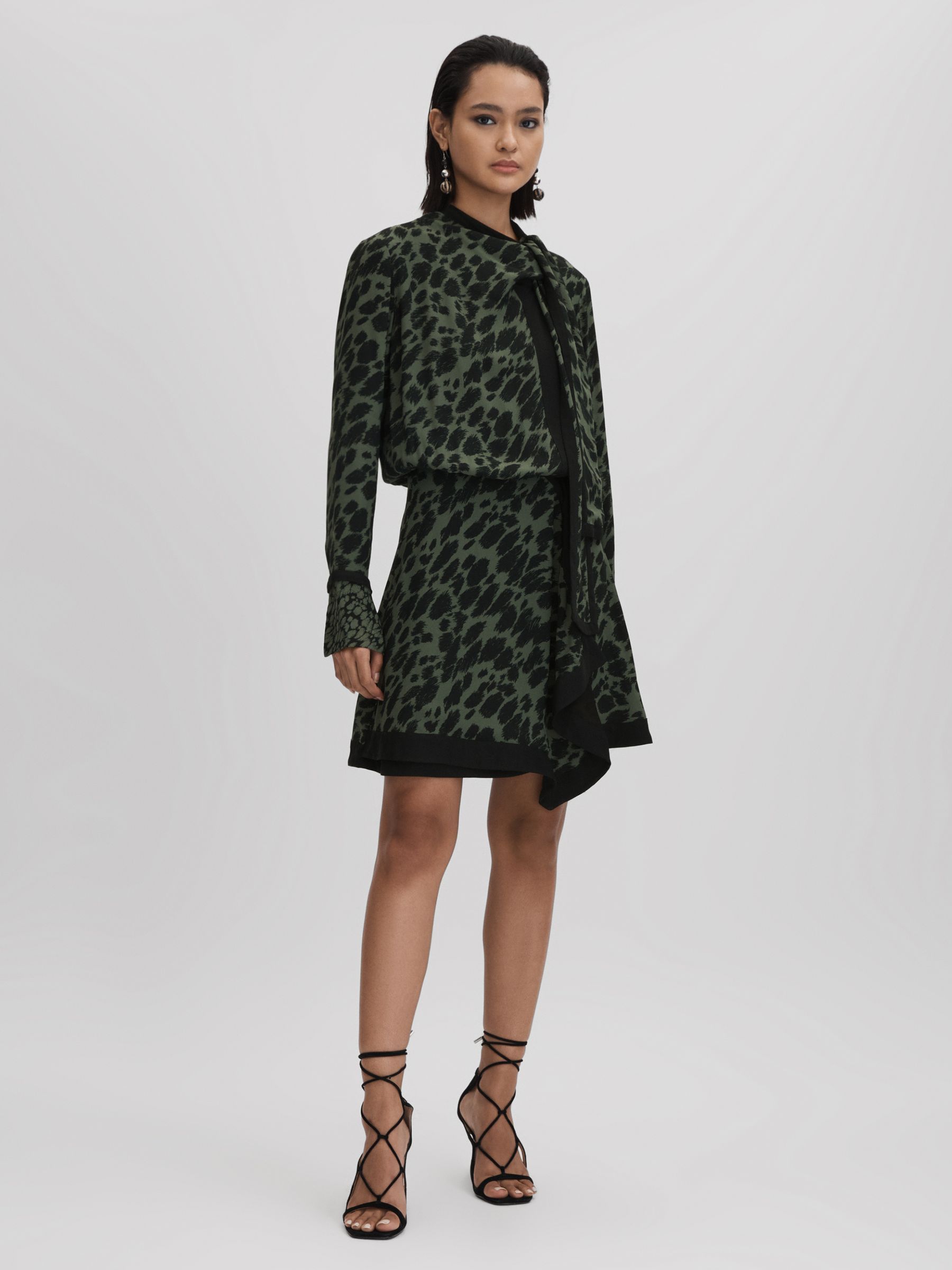 Printed Tie Neck Mini Dress in Black/Dark Khaki - Image 1 of 6