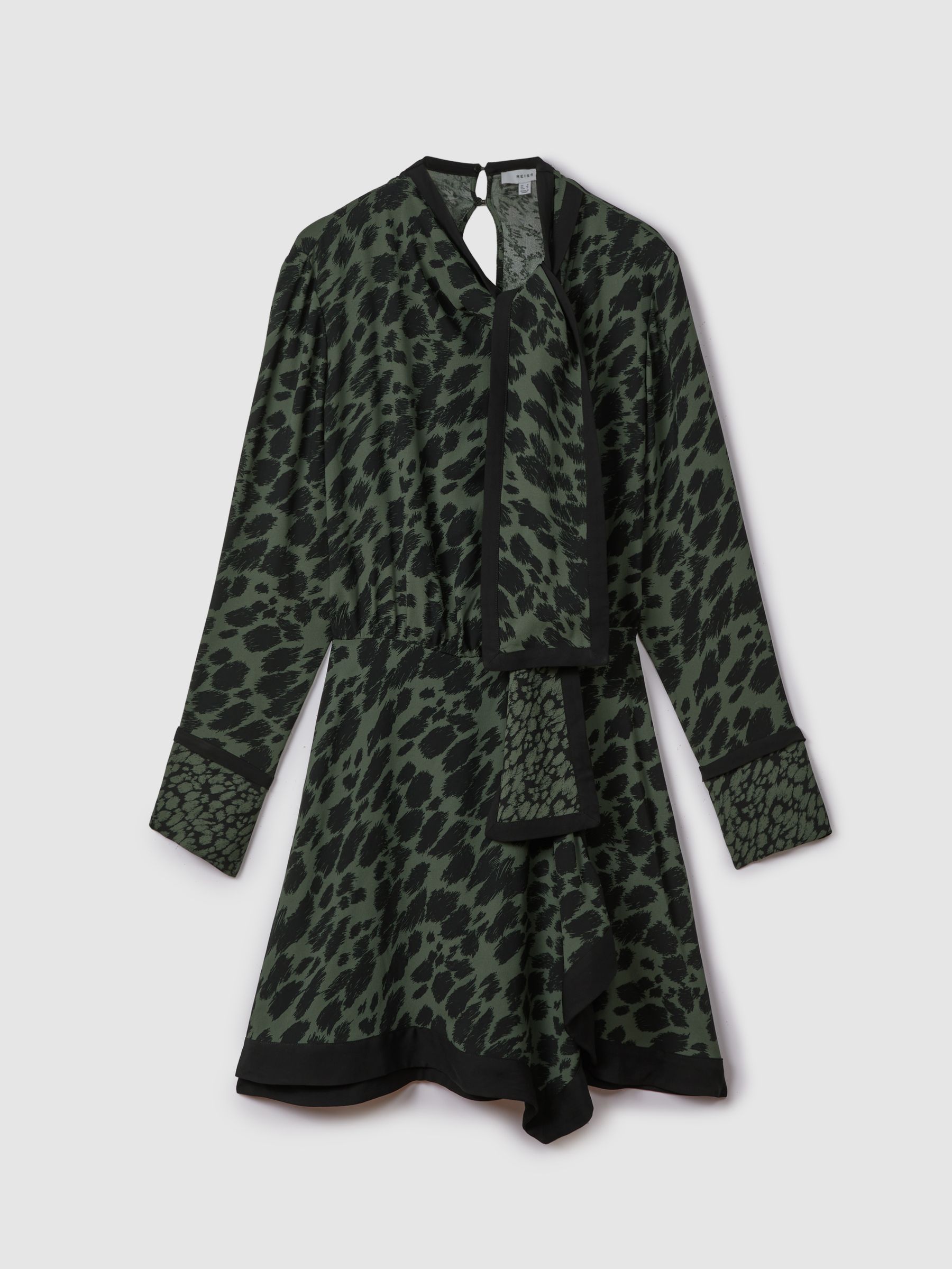 Printed Tie Neck Mini Dress in Black/Dark Khaki - Image 2 of 6