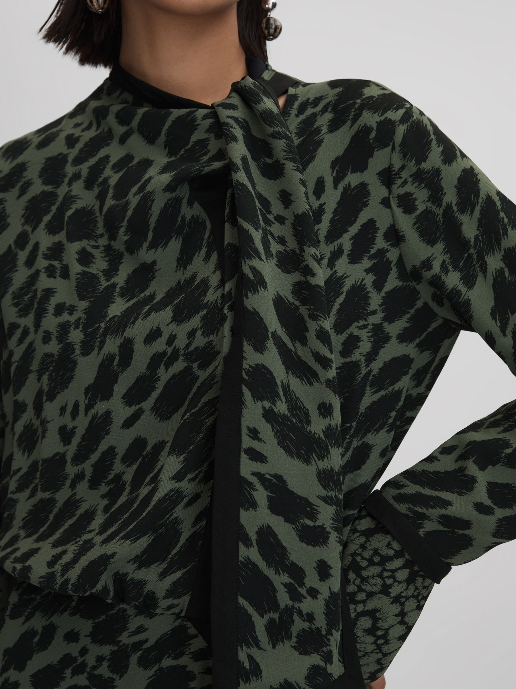Printed Tie Neck Mini Dress in Black/Dark Khaki - Image 3 of 6