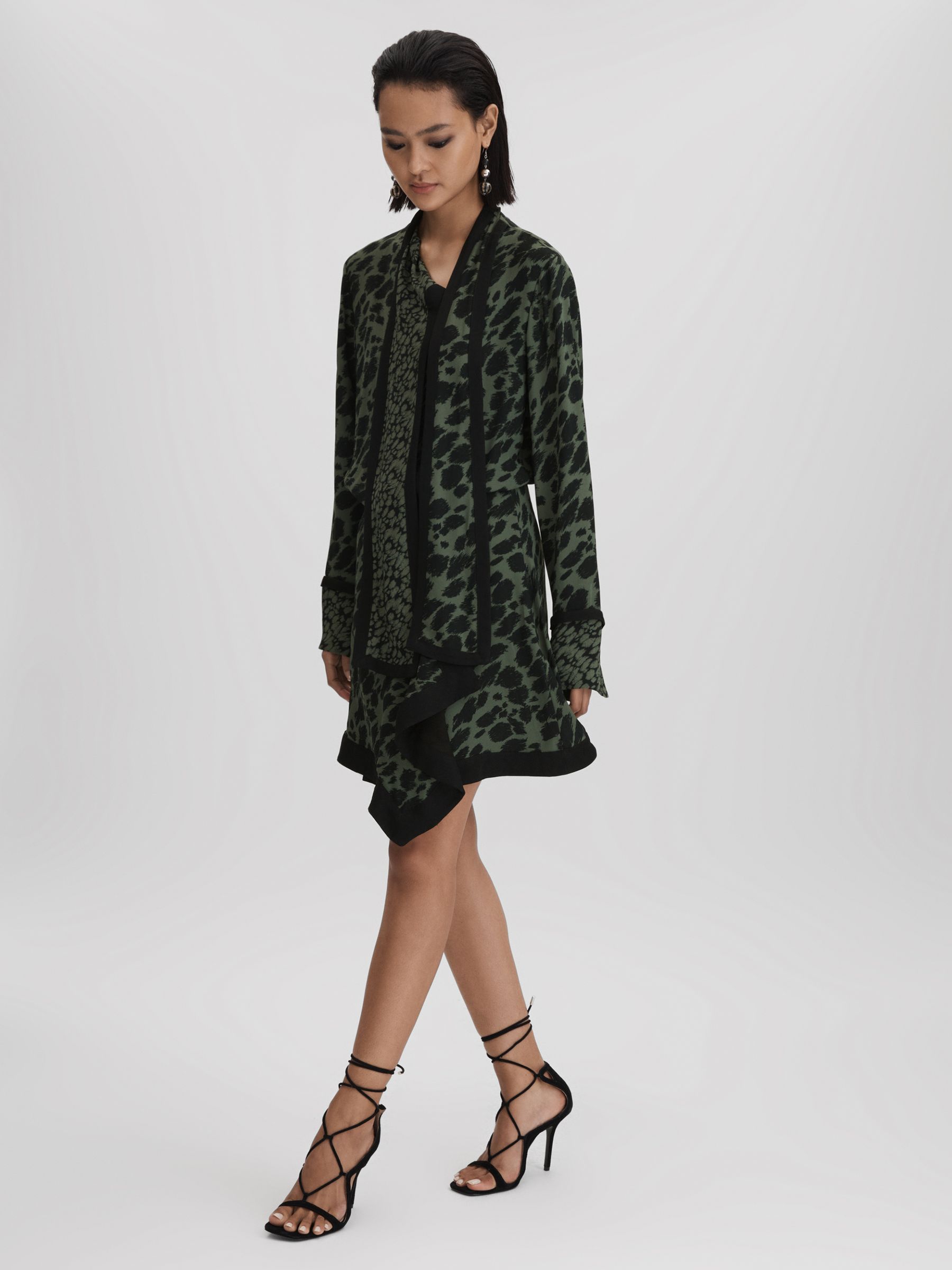 Printed Tie Neck Mini Dress in Black/Dark Khaki - Image 4 of 6
