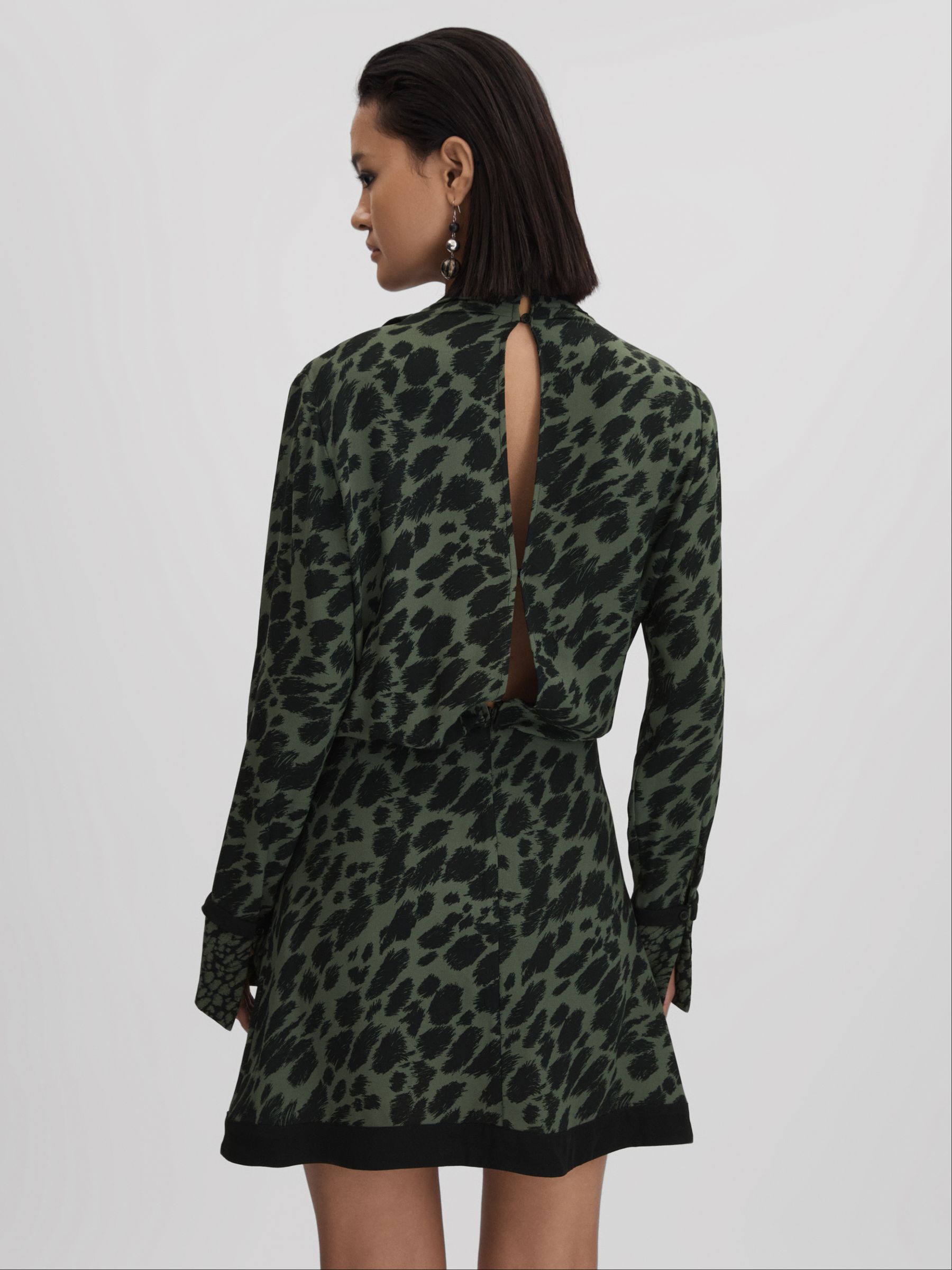 Printed Tie Neck Mini Dress in Black/Dark Khaki - Image 5 of 6