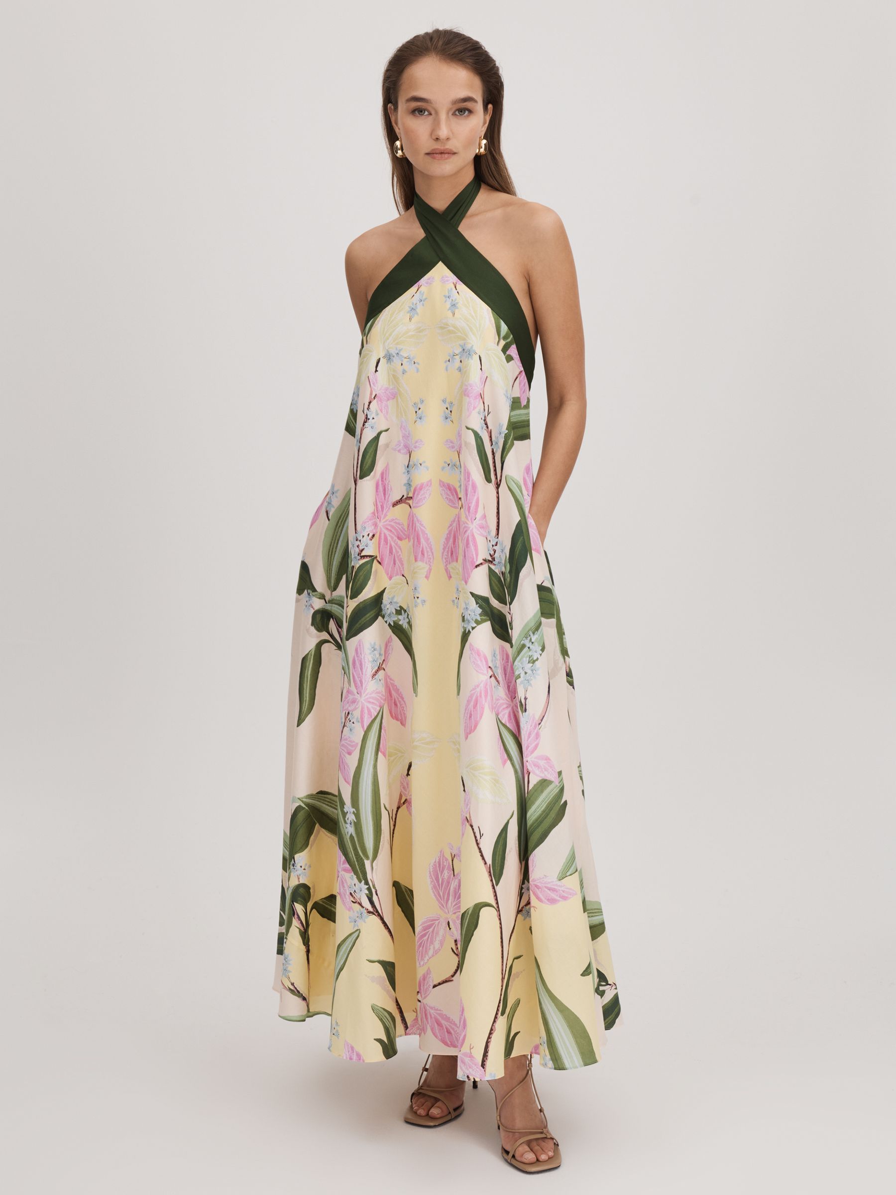 Florere Printed Halterneck Midi Dress in Pale Yellow - Image 1 of 8