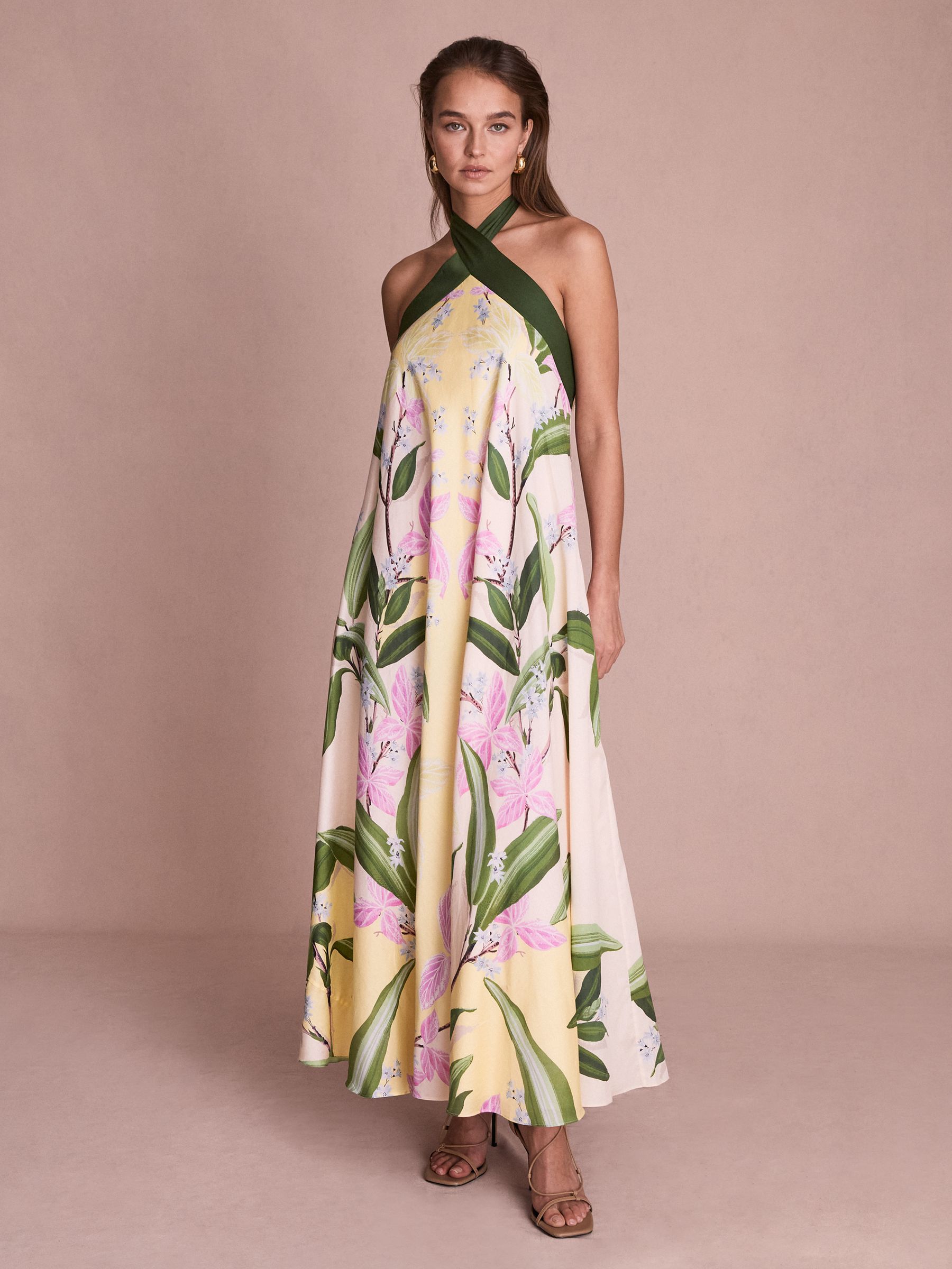 Florere Printed Halterneck Midi Dress in Pale Yellow - Image 5 of 8