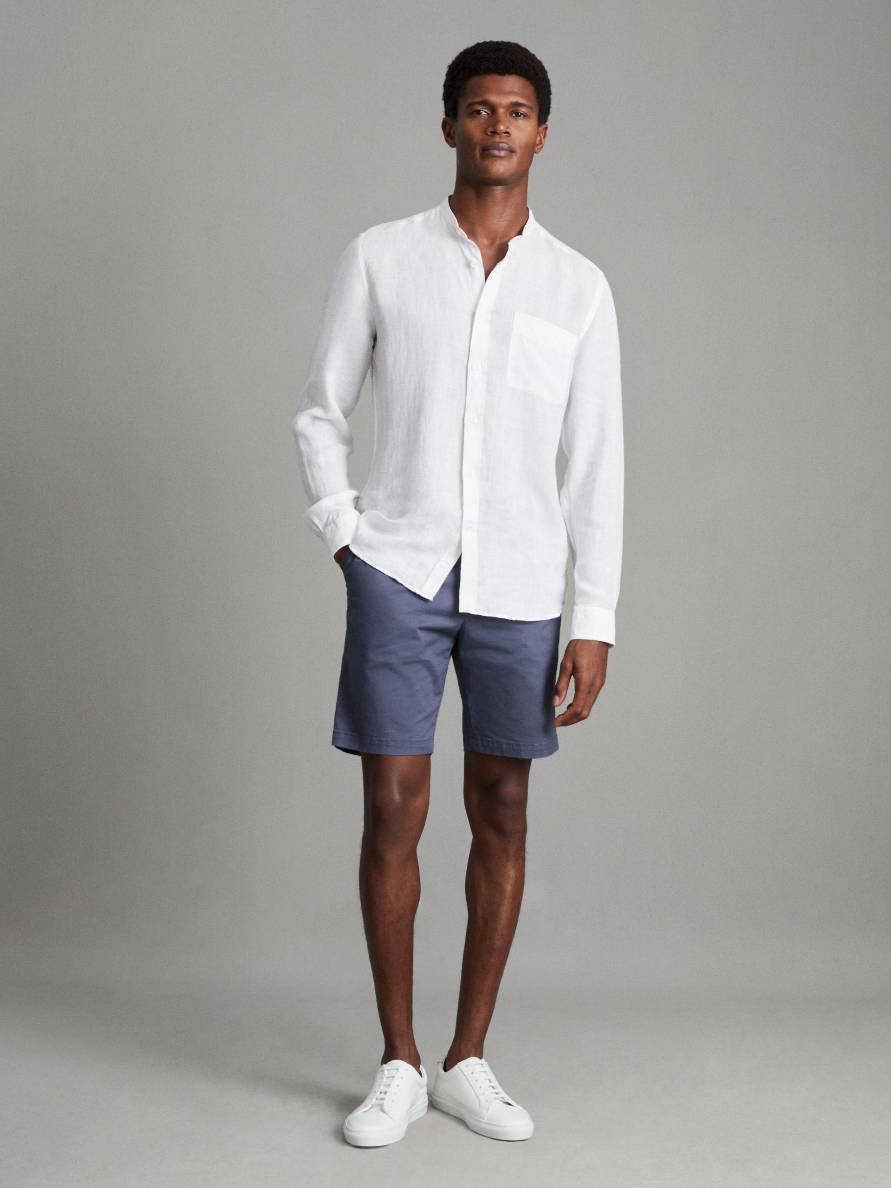 Linen Grandad Collar Shirt in White - Image 3 of 6