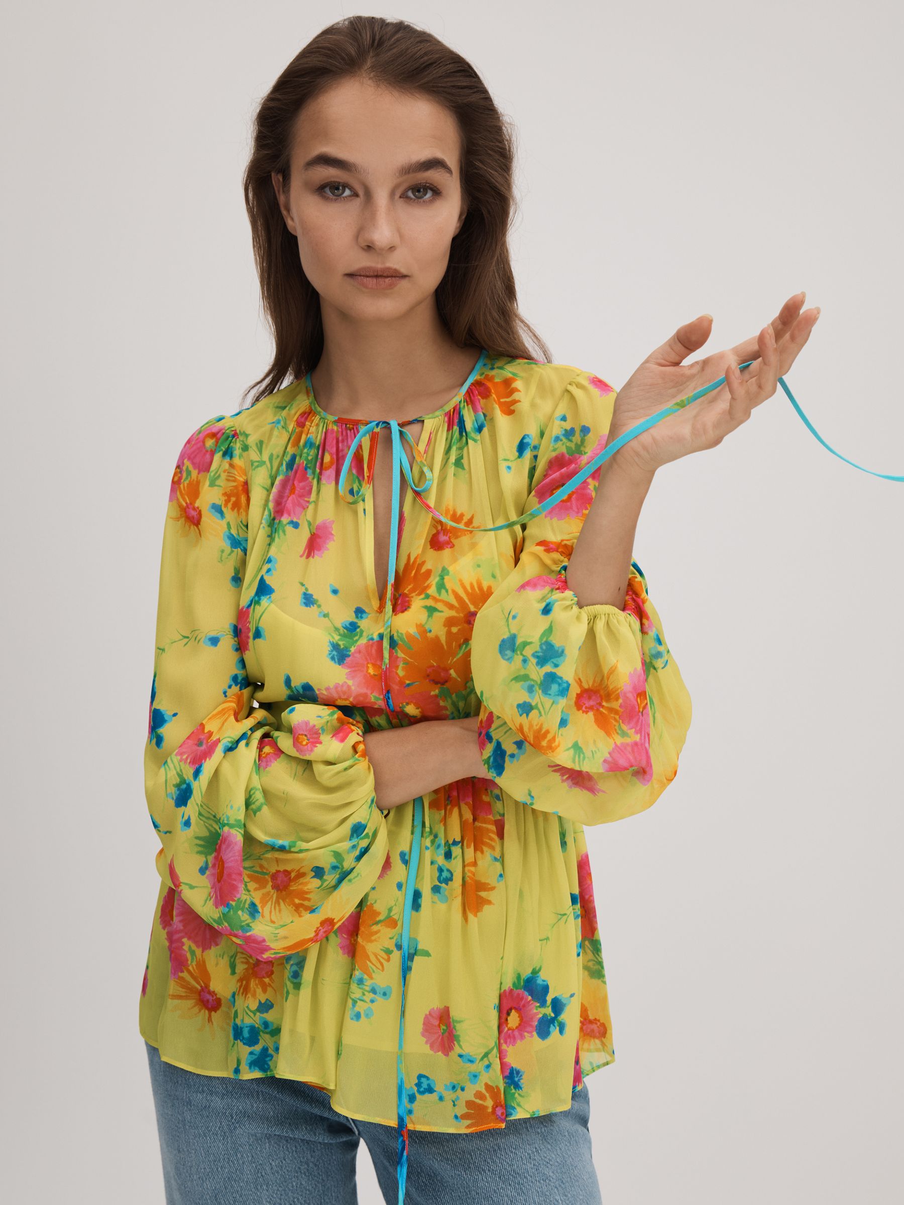 Florere Printed Tie Neck Blouse in Lime - Image 1 of 6