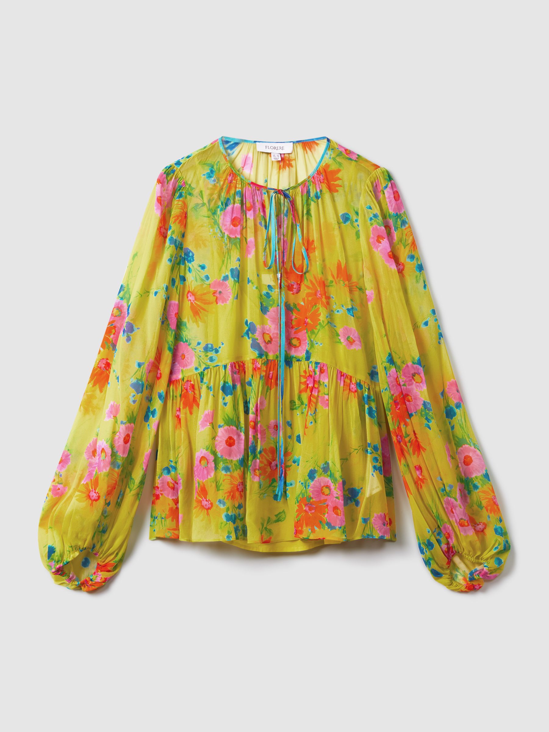 Florere Printed Tie Neck Blouse in Lime - Image 2 of 6