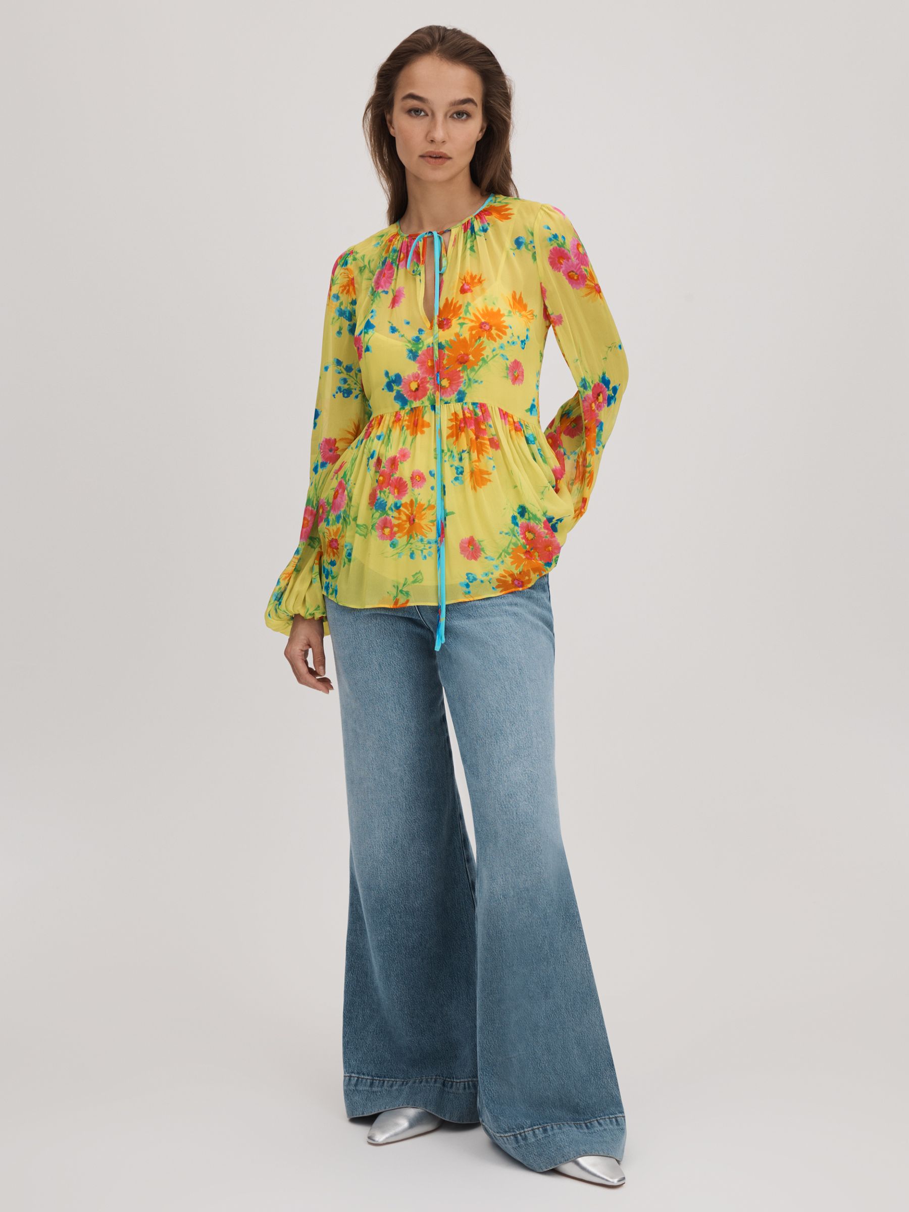 Florere Printed Tie Neck Blouse in Lime - Image 3 of 6