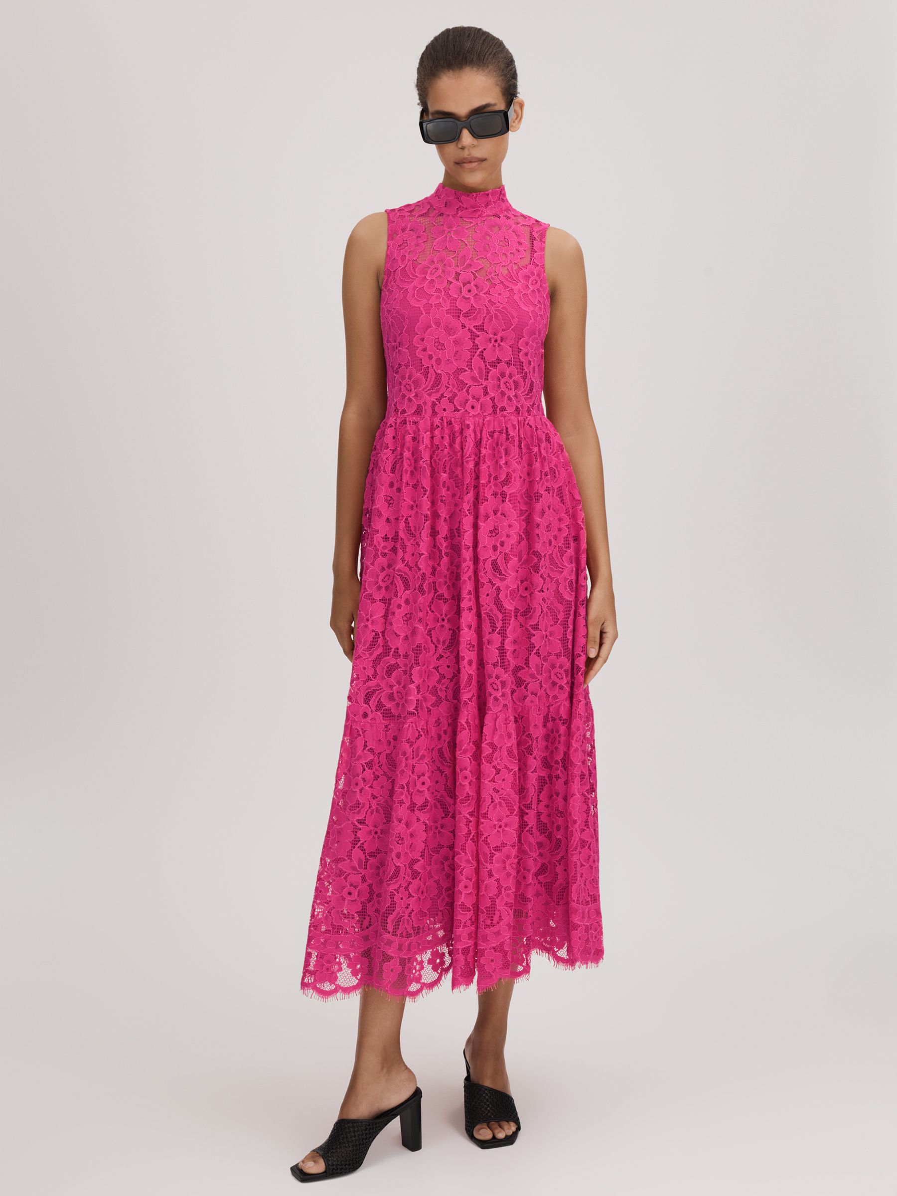 Florere Lace Tie Back Midi Dress in Bright Pink - Image 1 of 6