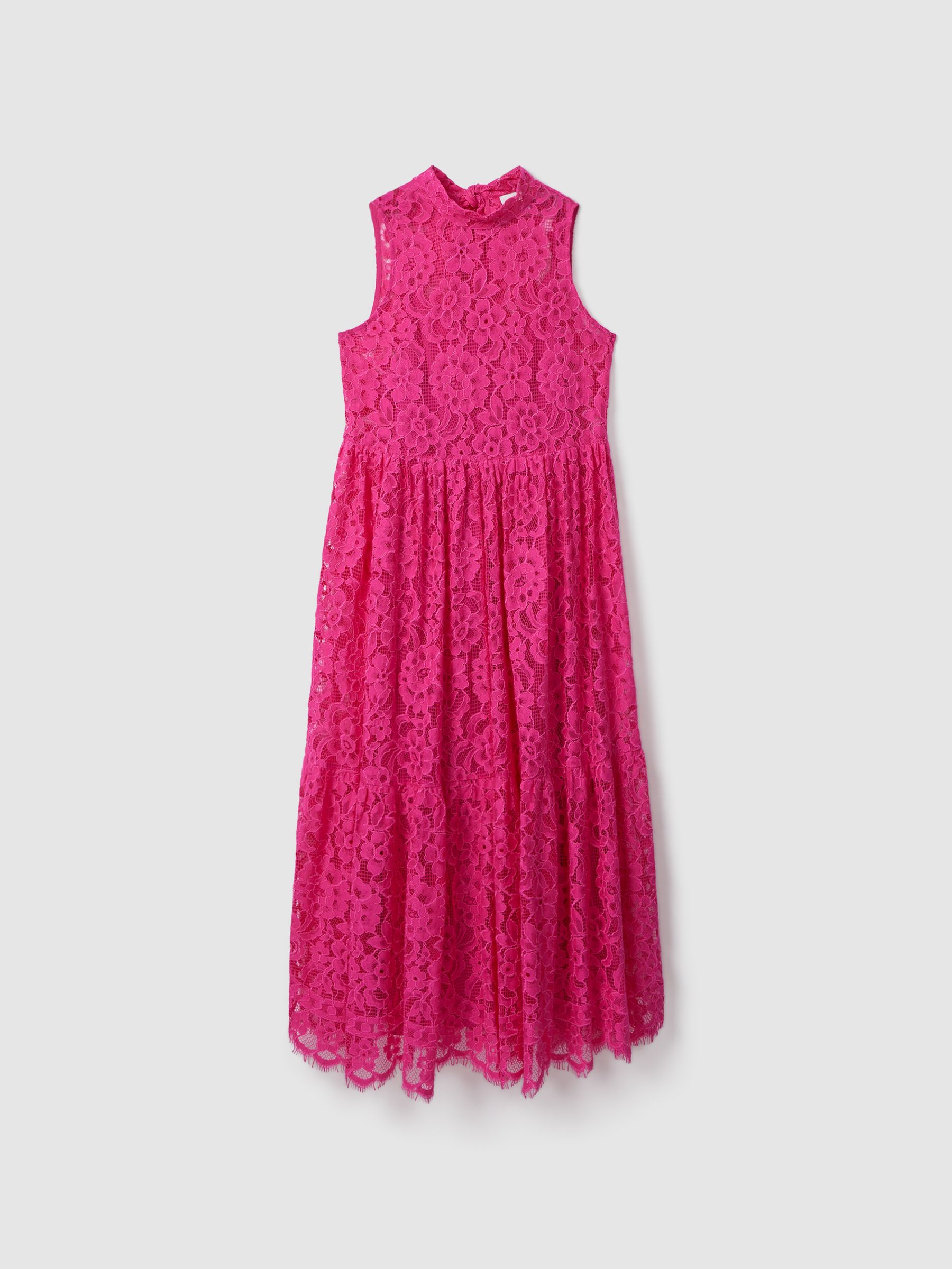 Florere Lace Tie Back Midi Dress in Bright Pink - Image 2 of 6