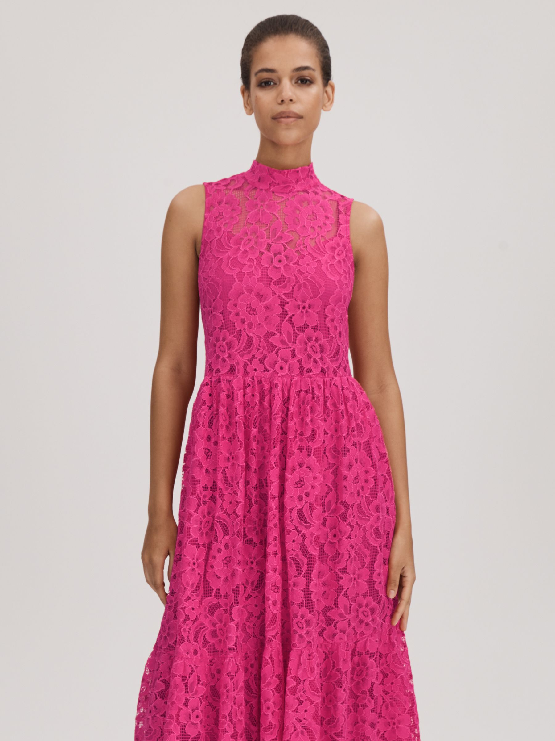 Florere Lace Tie Back Midi Dress in Bright Pink - Image 3 of 6