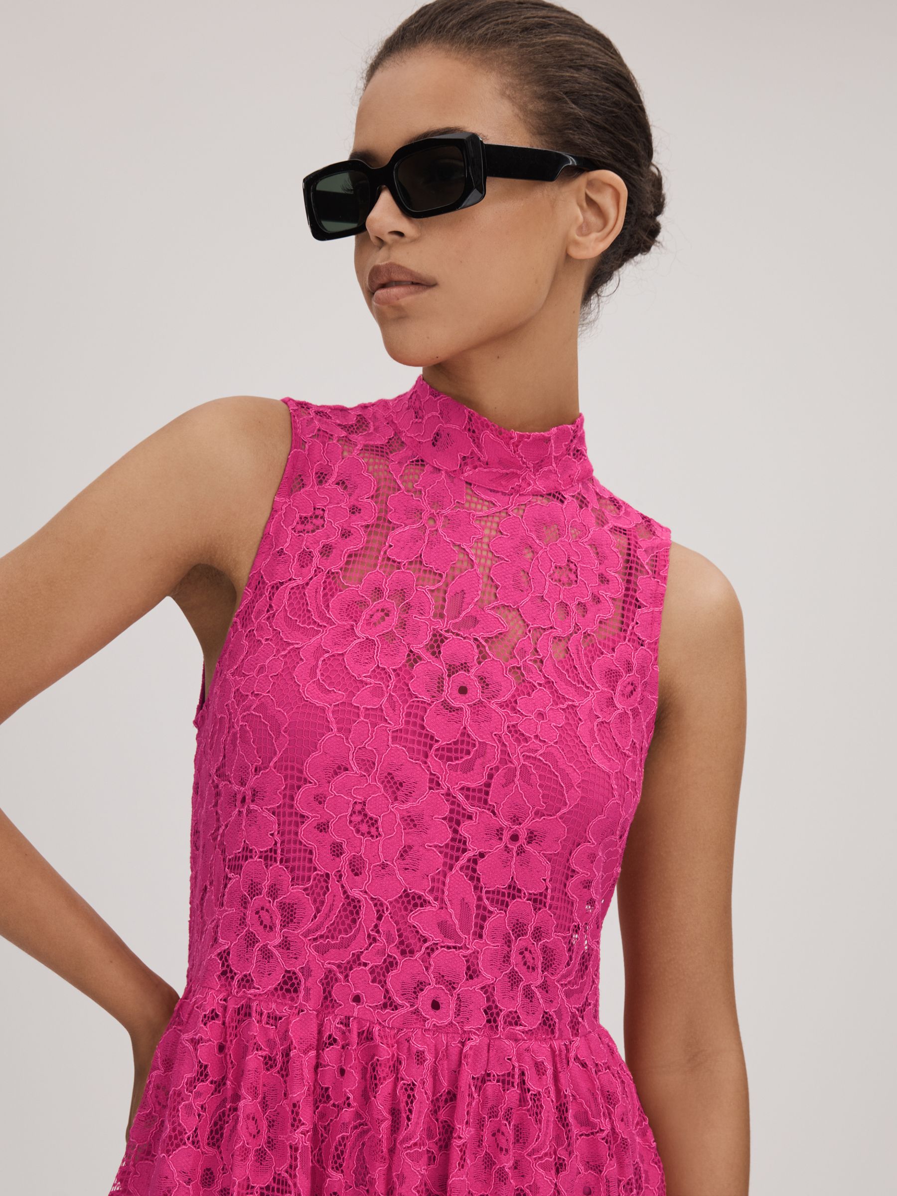 Florere Lace Tie Back Midi Dress in Bright Pink - Image 4 of 6
