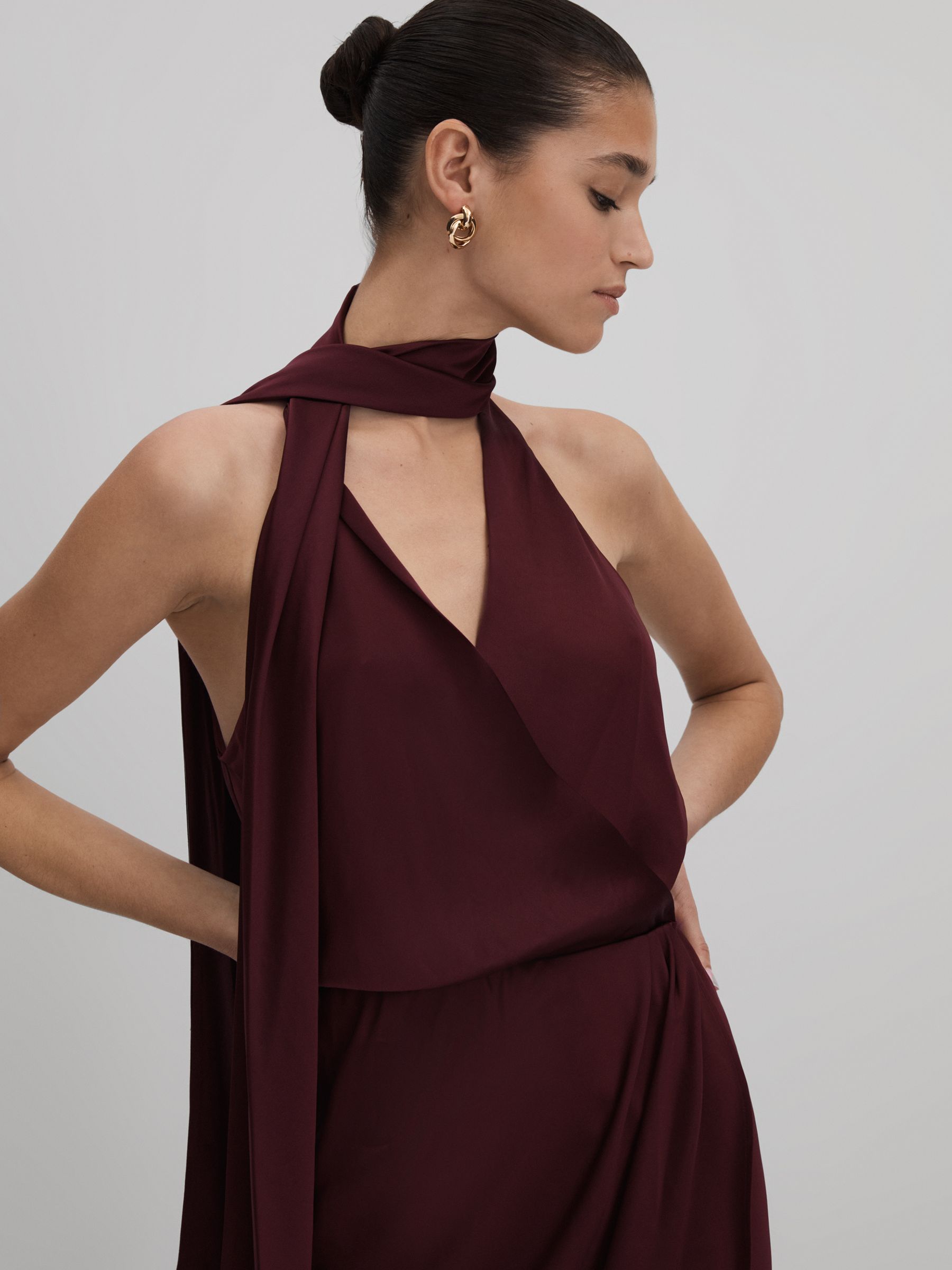Satin Wrap Front Midi Dress in Burgundy - Image 3 of 5