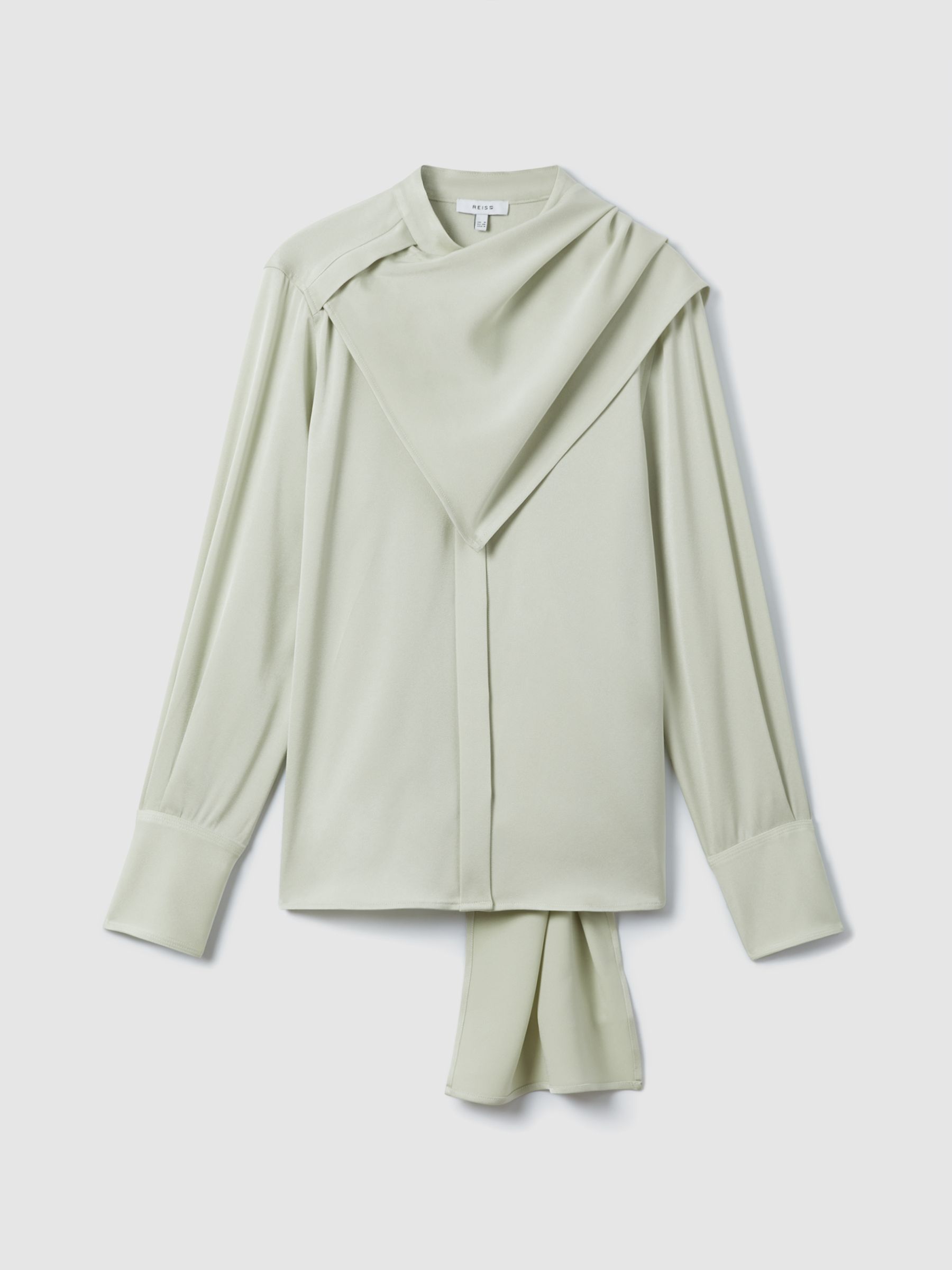 Satin Detachable Scarf Shirt in Sage - Image 2 of 7