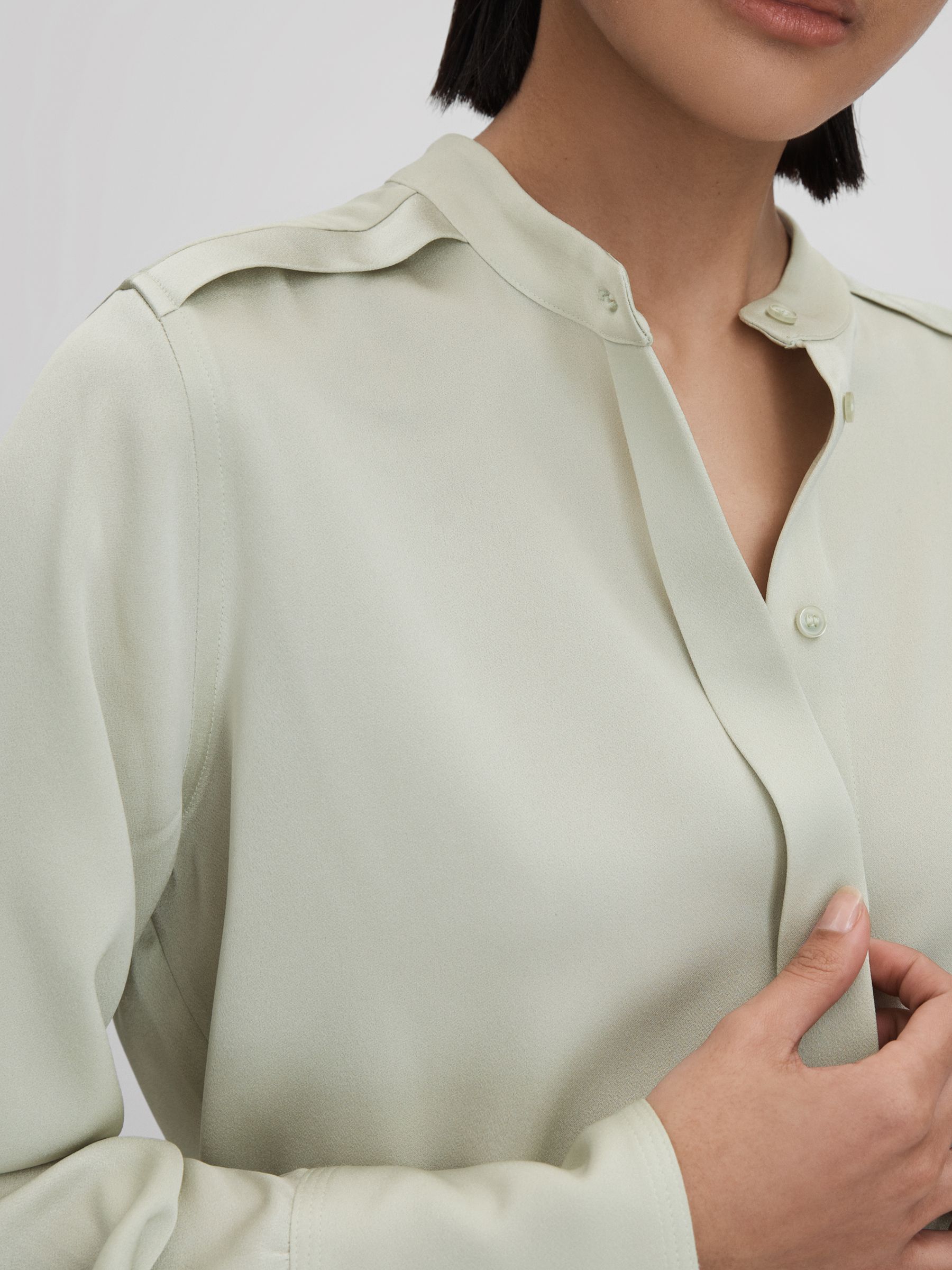 Satin Detachable Scarf Shirt in Sage - Image 3 of 7