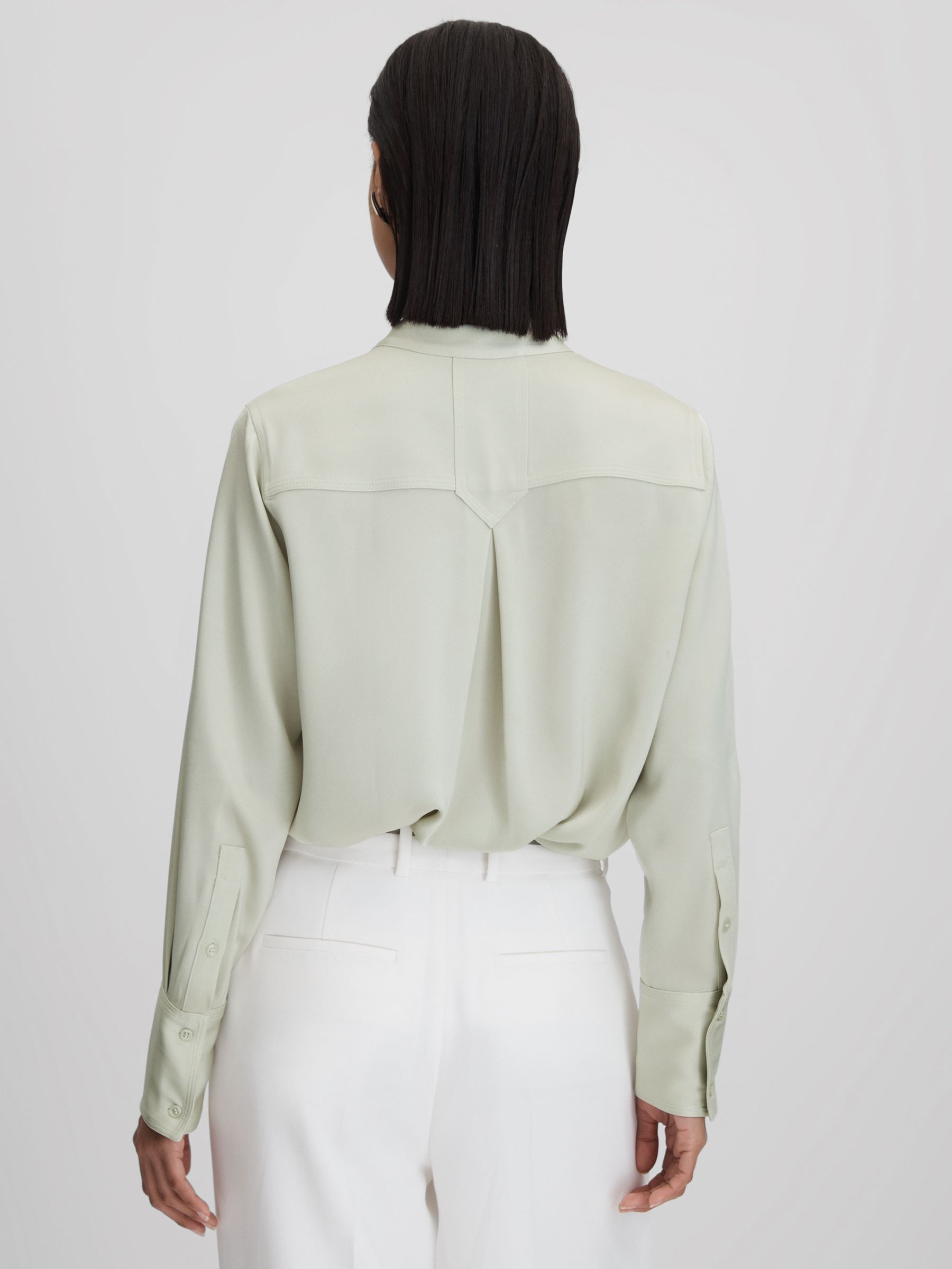 Satin Detachable Scarf Shirt in Sage - Image 4 of 7
