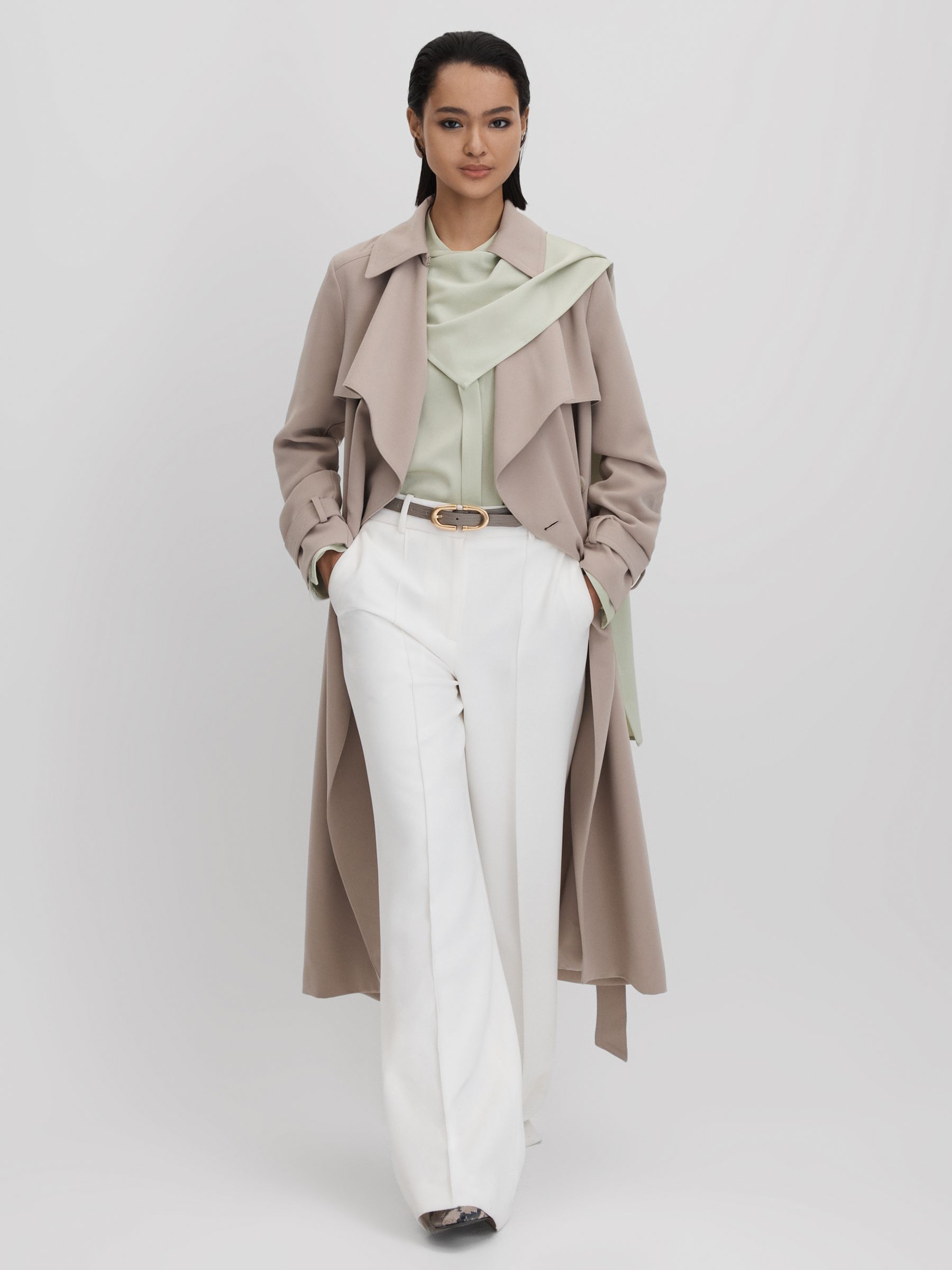 Satin Detachable Scarf Shirt in Sage - Image 5 of 7