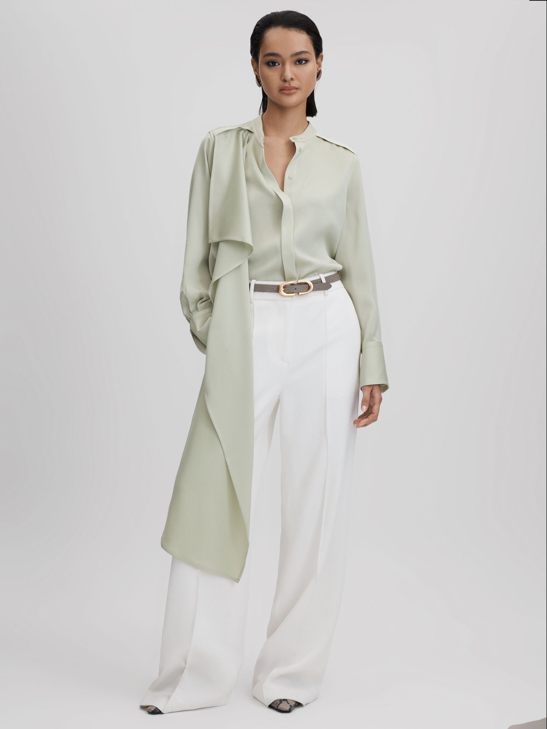 Satin Detachable Scarf Shirt in Sage - Image 6 of 7