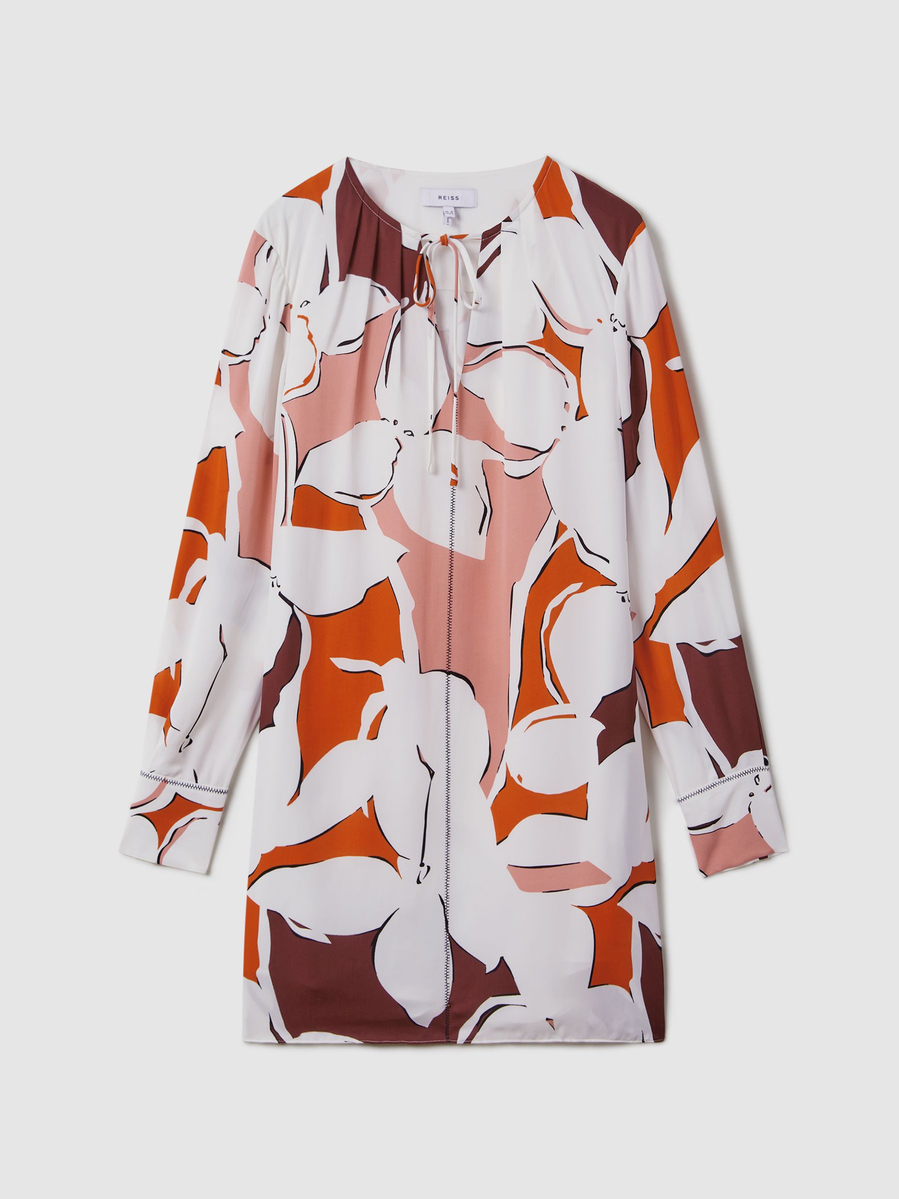 Printed Tie Neck Mini Dress in Cream/Red - Image 2 of 6
