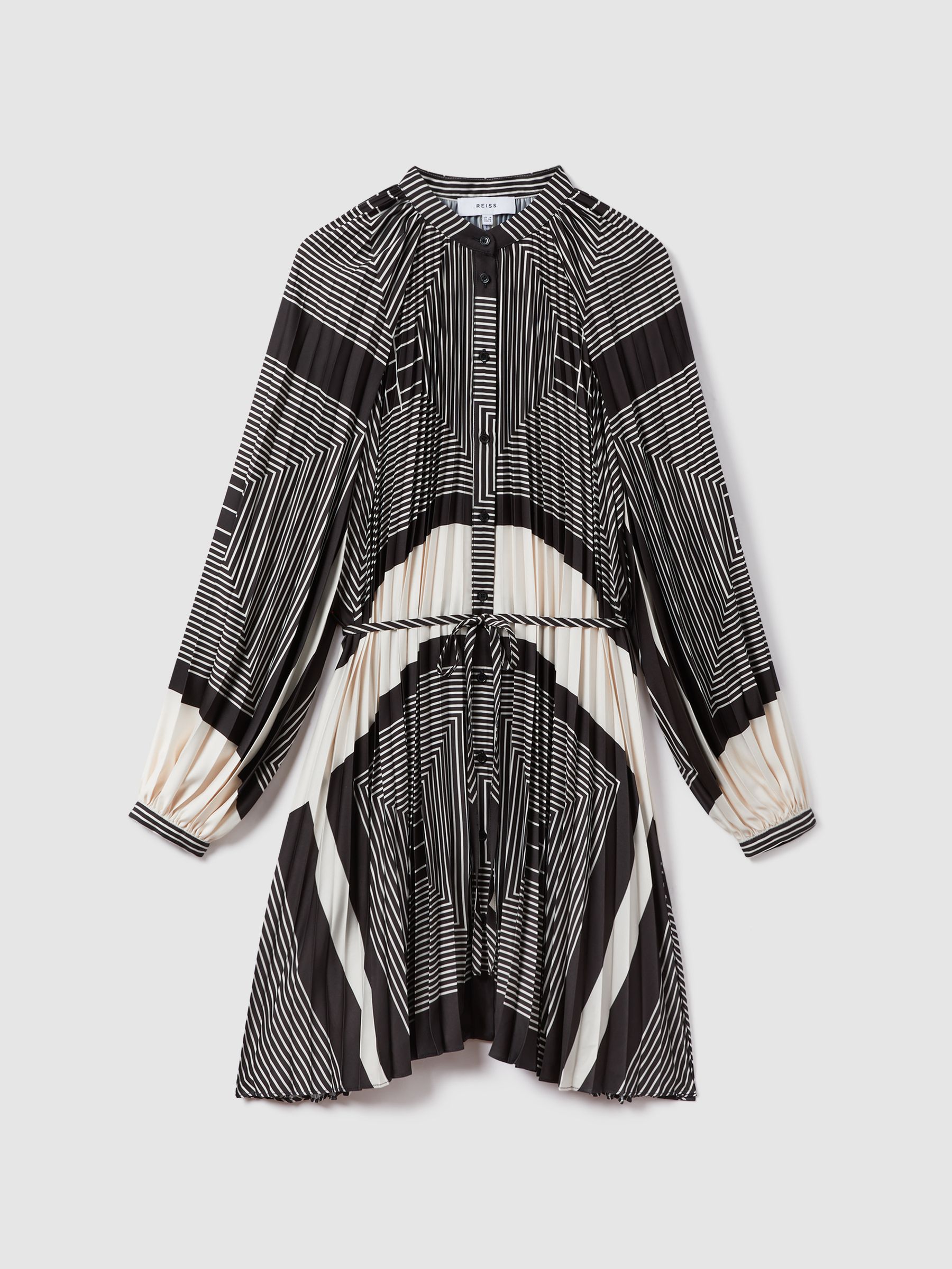Printed Pleated Mini Dress in Black/White - Image 2 of 6