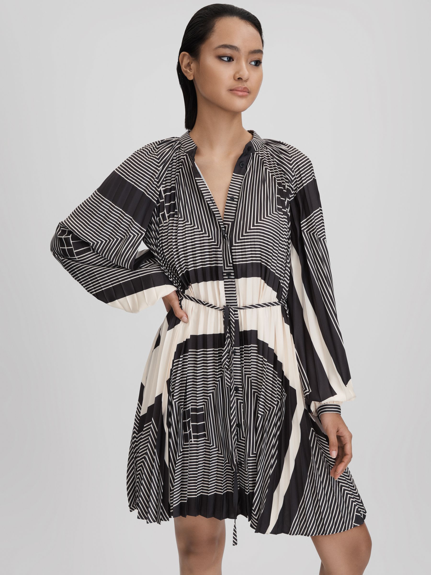 Printed Pleated Mini Dress in Black/White - Image 3 of 6