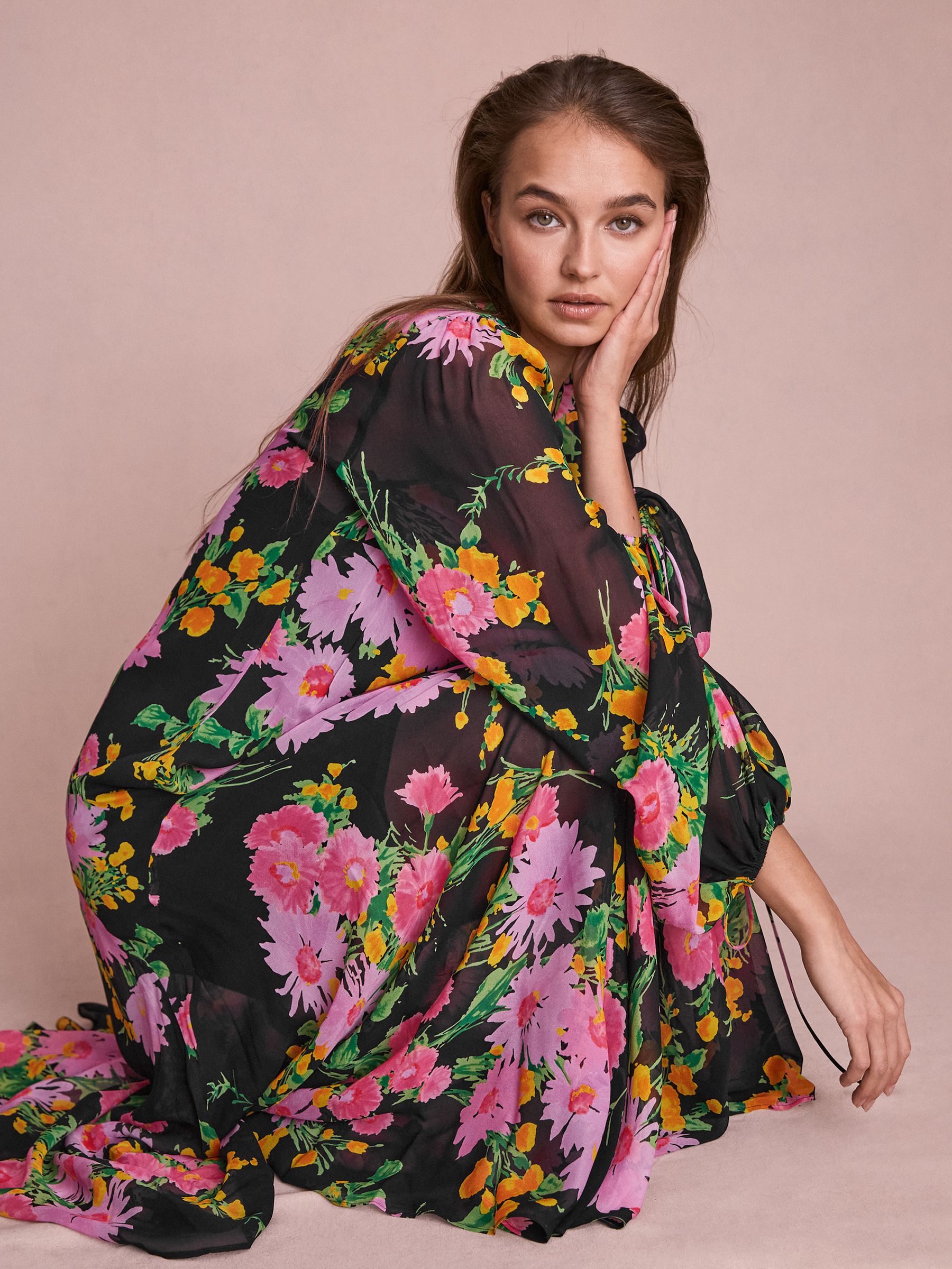 Reiss Florere Sheer Asymmetric Midi Dress in Pink/Black - REISS Reiss Florere Sheer Asymmetric Midi Dress in Pink/Black - REISS