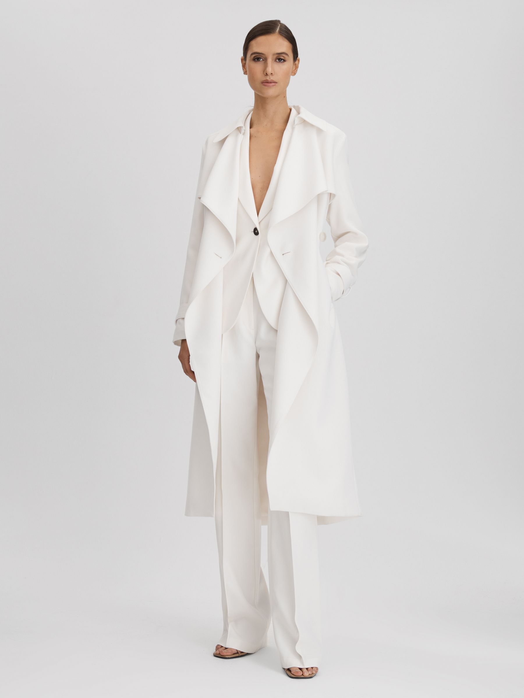 Petite Double Breasted Belted Trench Coat in White - Image 3 of 6