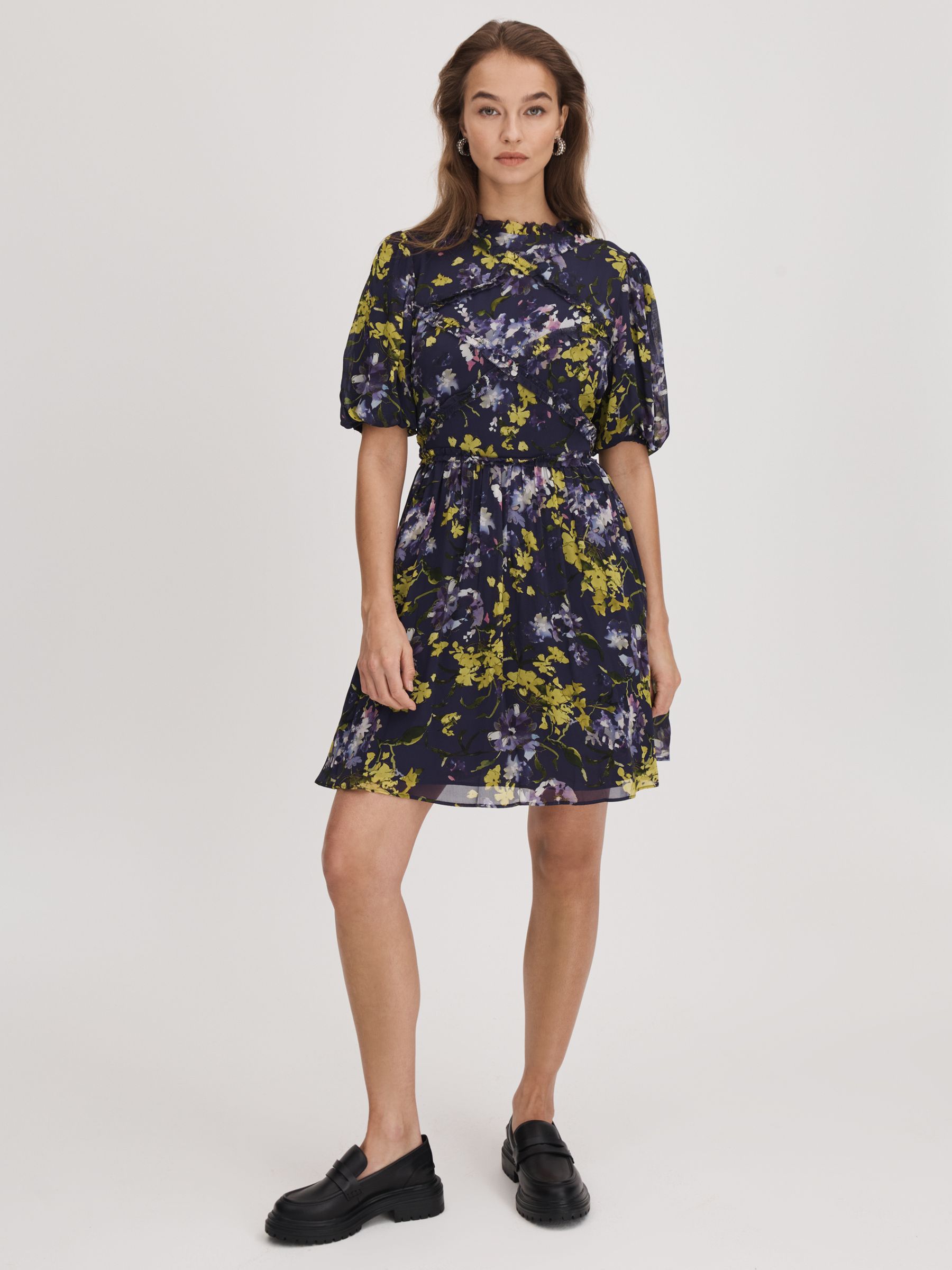 Florere Printed Puff Sleeve Mini Dress in Dark Purple - Image 1 of 6