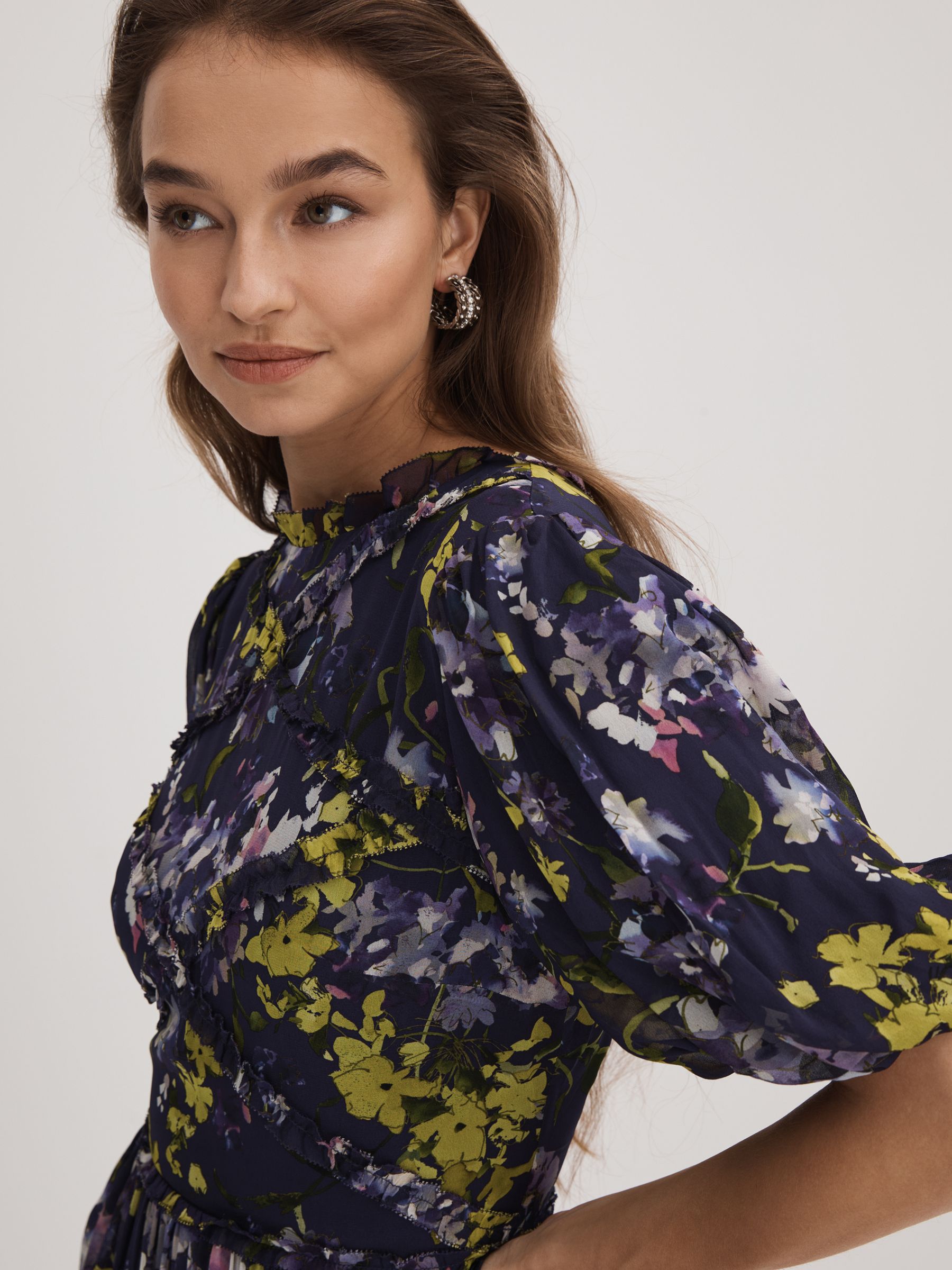 Florere Printed Puff Sleeve Mini Dress in Dark Purple - Image 4 of 6
