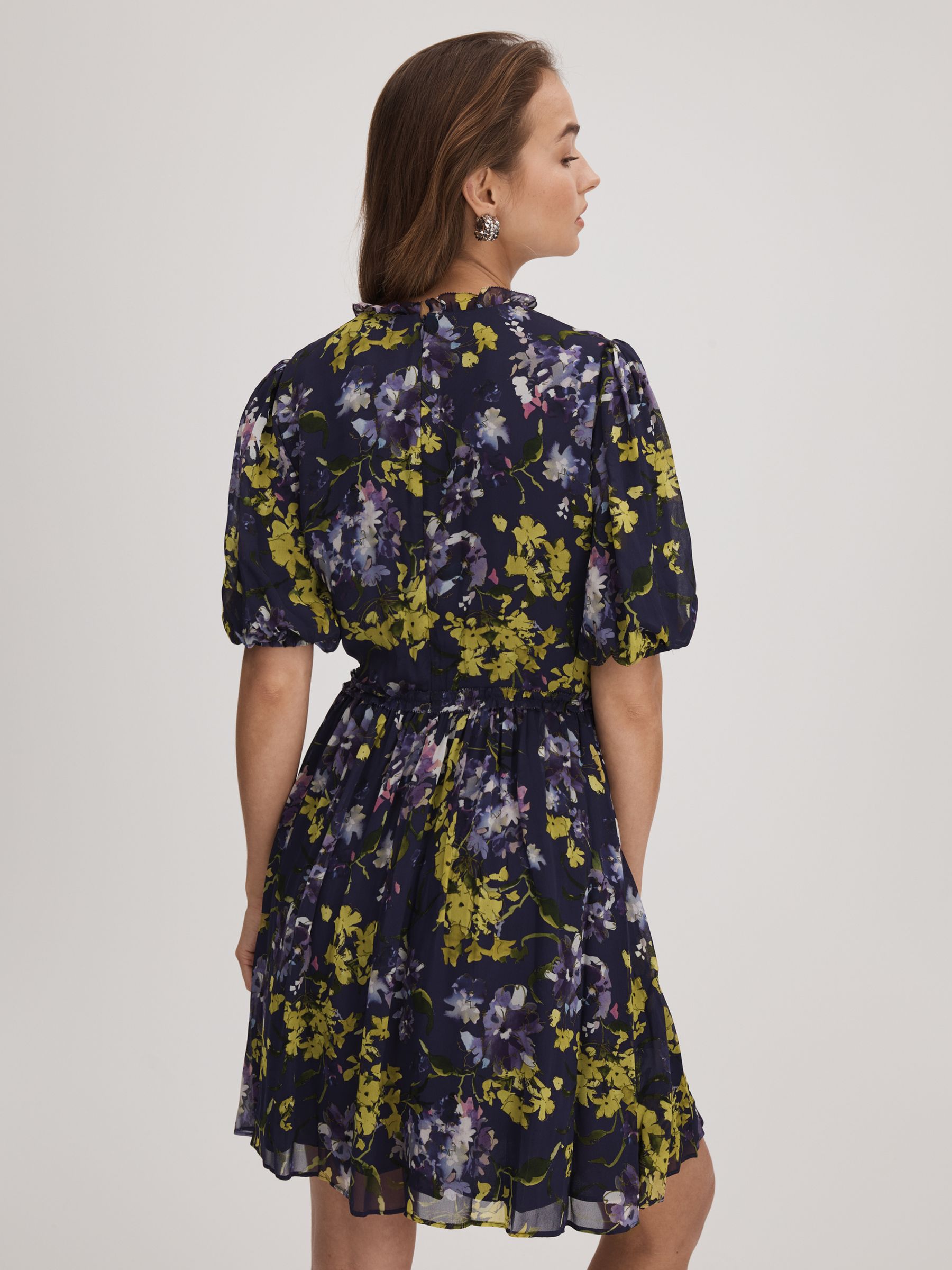 Florere Printed Puff Sleeve Mini Dress in Dark Purple - Image 5 of 6