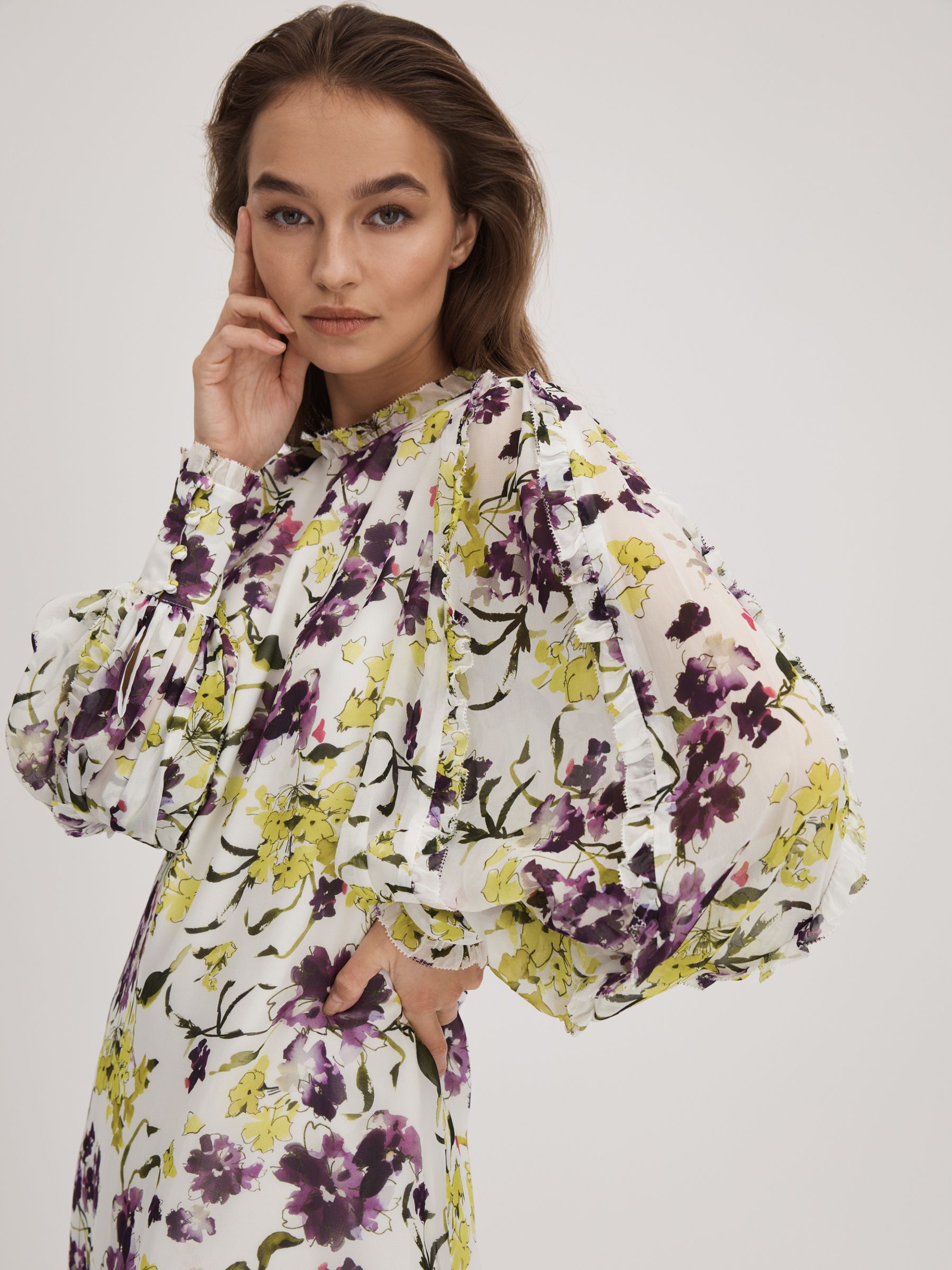 Florere Printed Blouson Sleeve Mini Dress in Ivory/Multi - Image 5 of 6