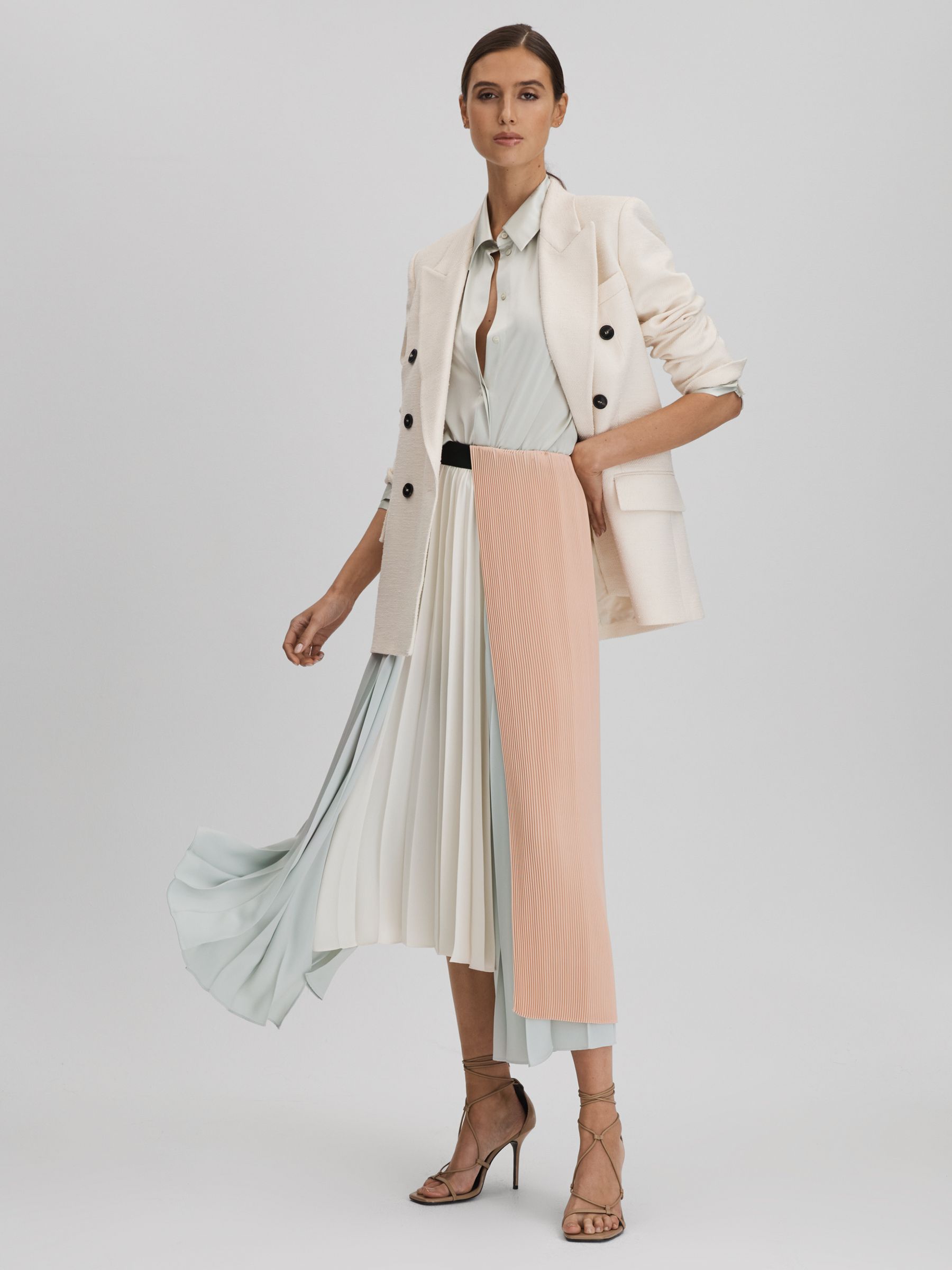 Pleated Asymmetric Midi Skirt in Pink/Cream - Image 3 of 6