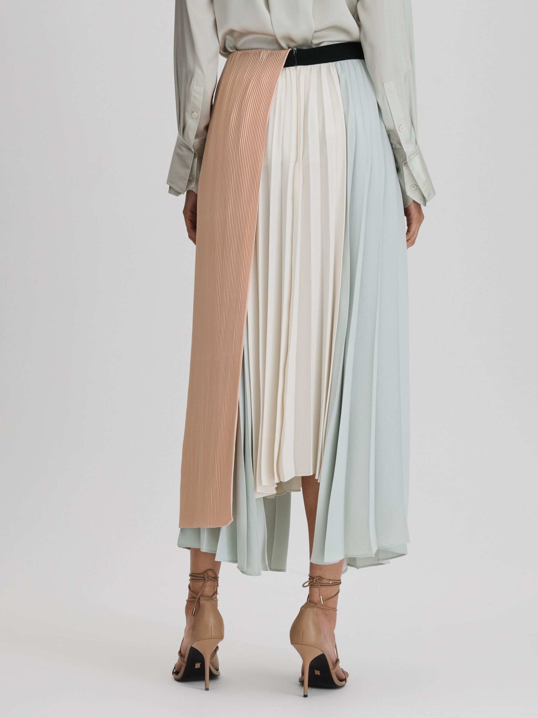 Pleated Asymmetric Midi Skirt in Pink/Cream - Image 5 of 6