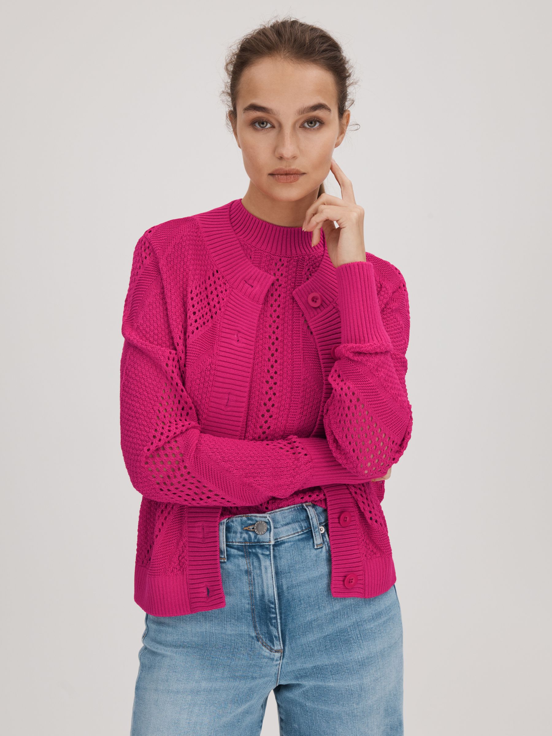 Florere Crochet Button-Through Cardigan in Bright Pink - Image 1 of 5