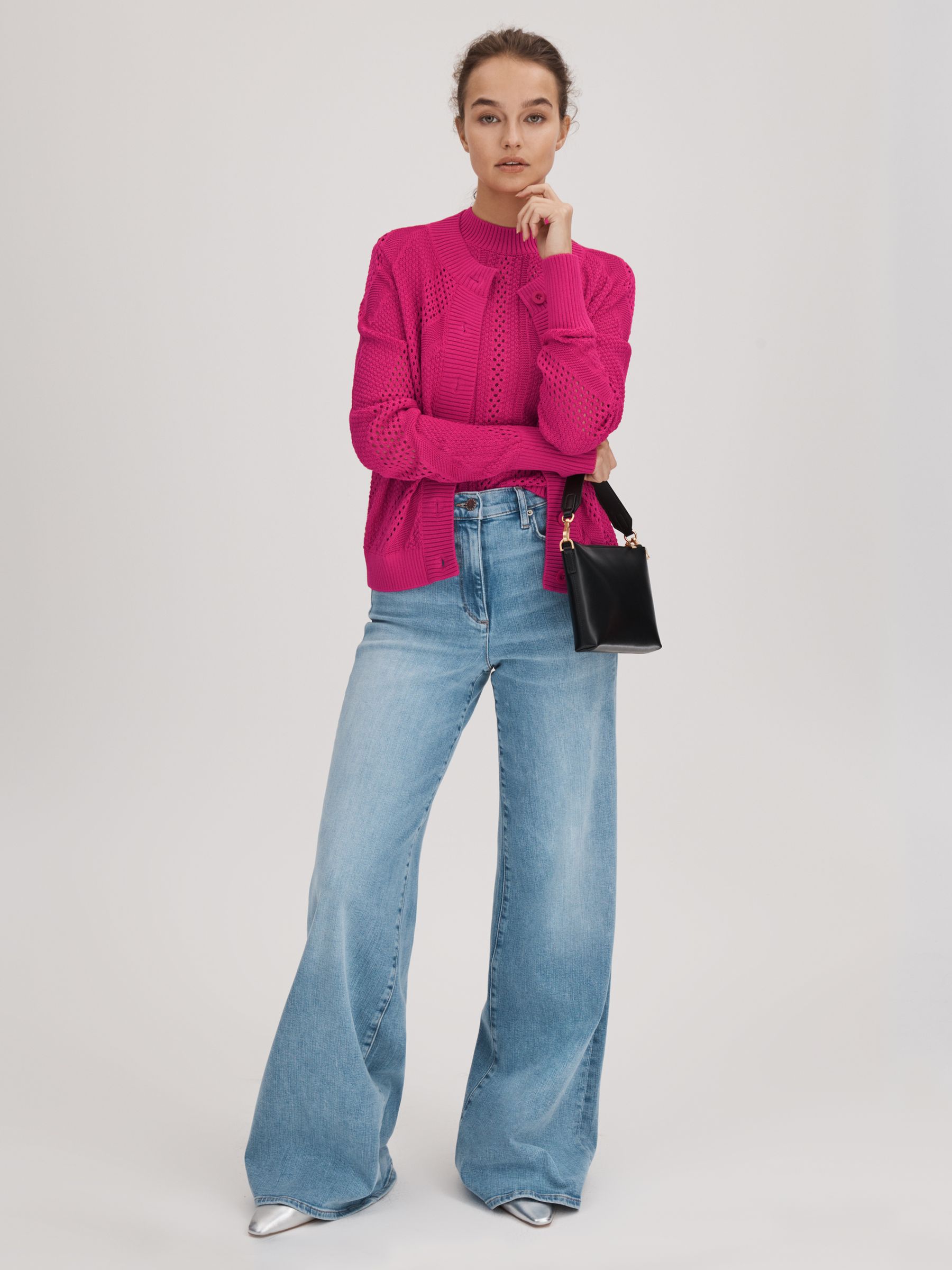 Florere Crochet Button-Through Cardigan in Bright Pink - Image 3 of 5