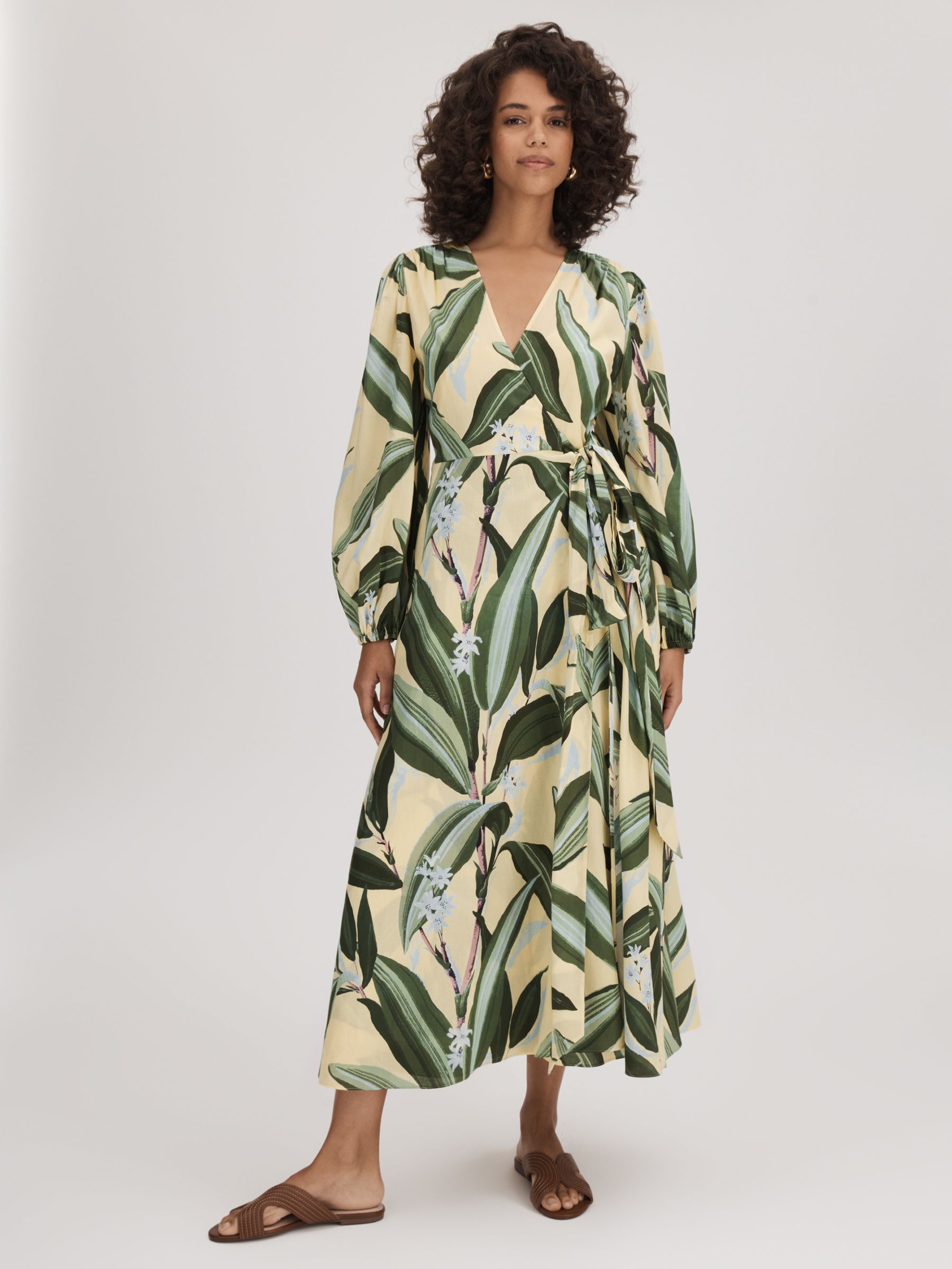 Florere Printed Wrap Midi Dress in Pale Yellow - Image 1 of 5