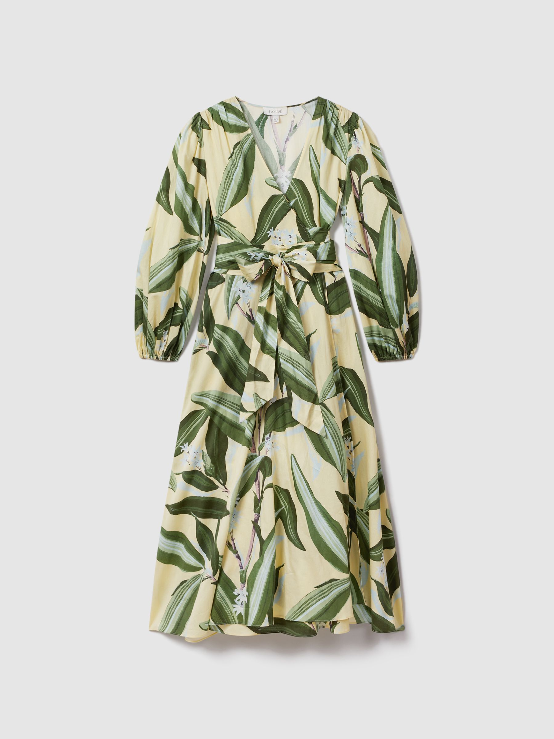 Florere Printed Wrap Midi Dress in Pale Yellow - Image 2 of 5