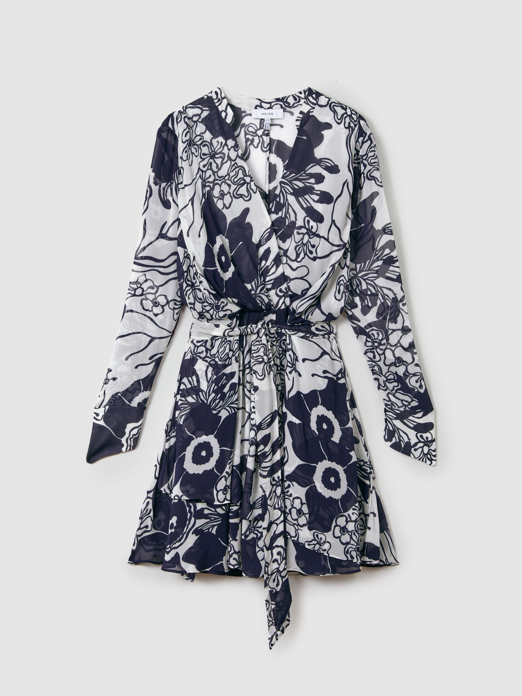 Printed Belted Mini Dress in Navy/Cream - Image 2 of 6