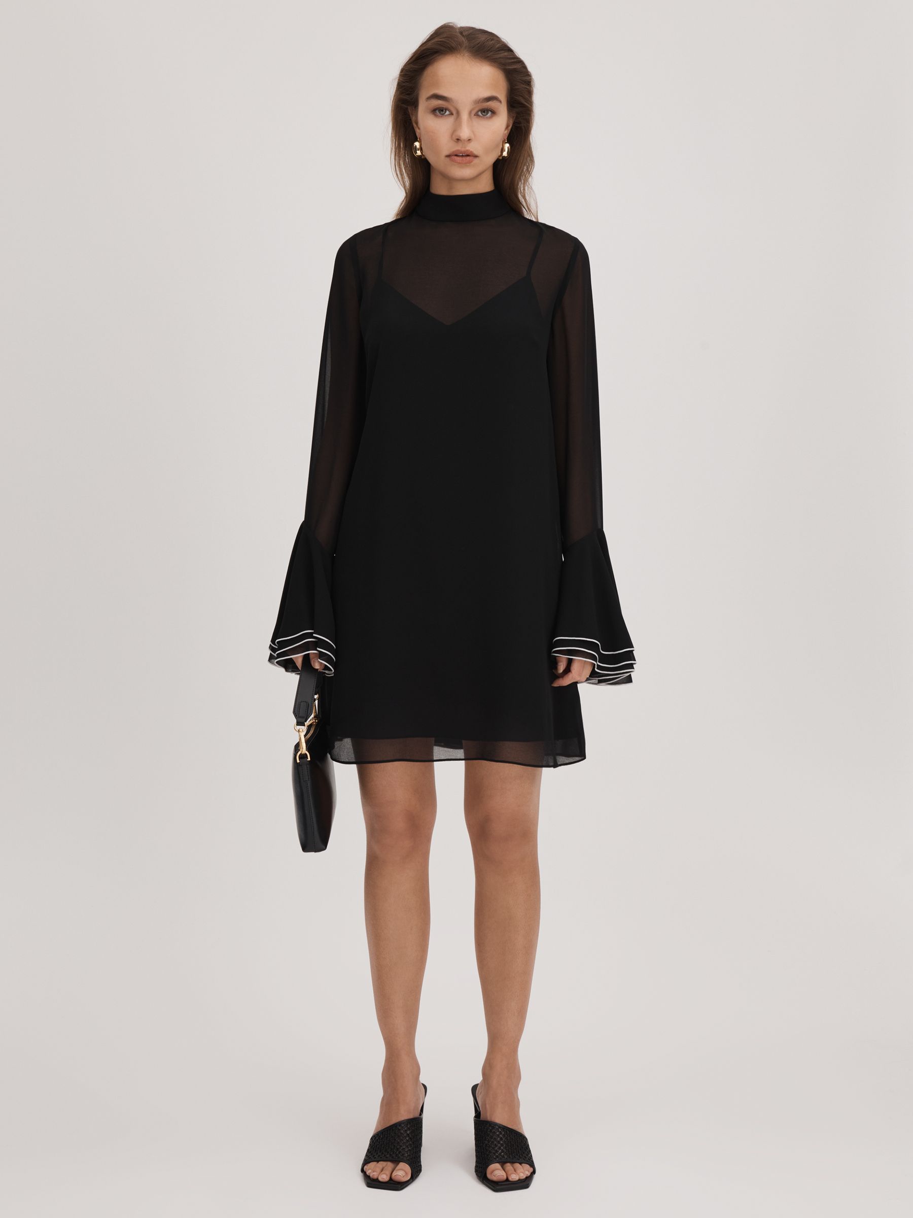 Florere Sheer Fluted Cuff Mini Dress in Black - Image 3 of 6