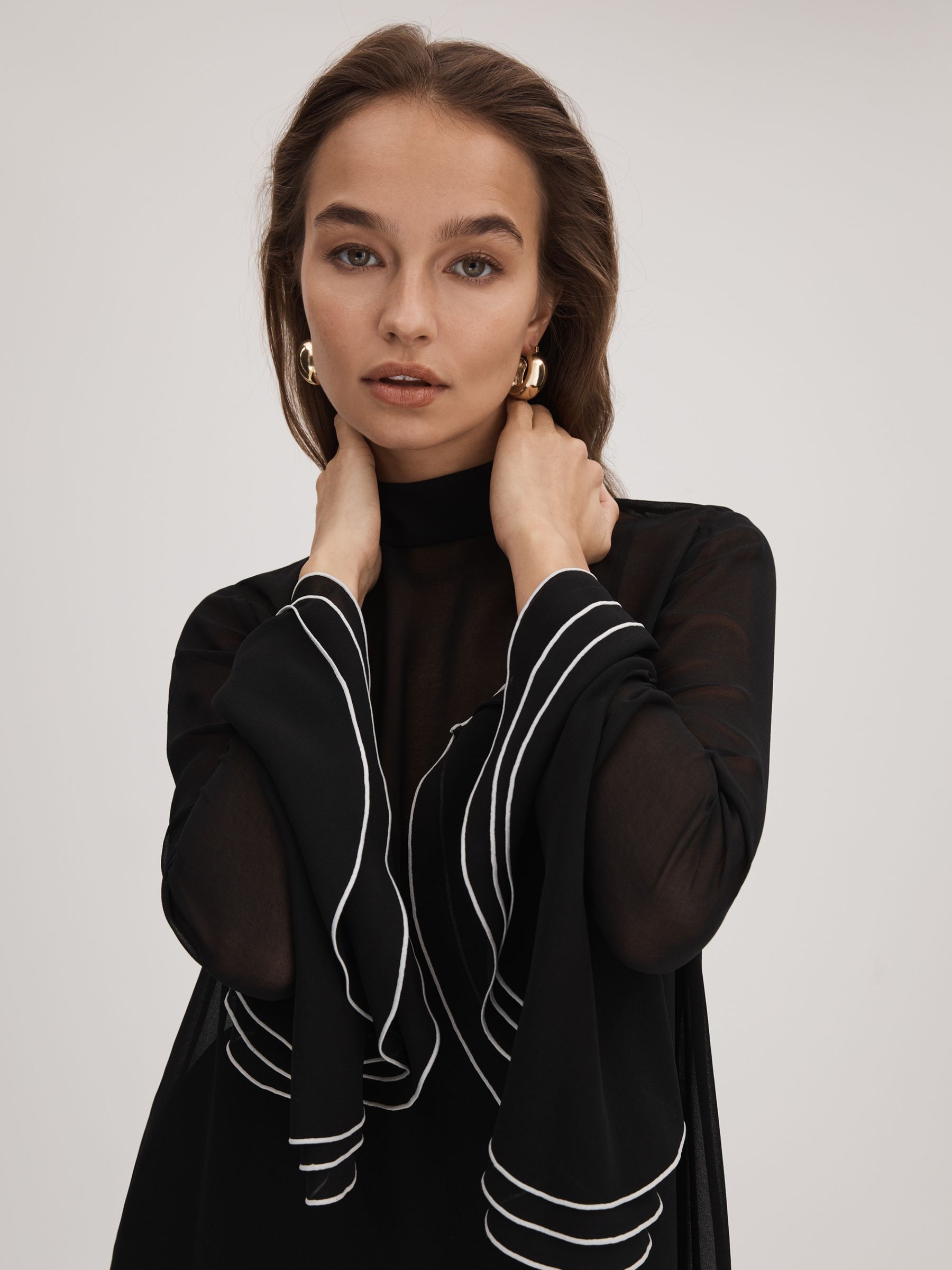 Florere Sheer Fluted Cuff Mini Dress in Black - Image 4 of 6