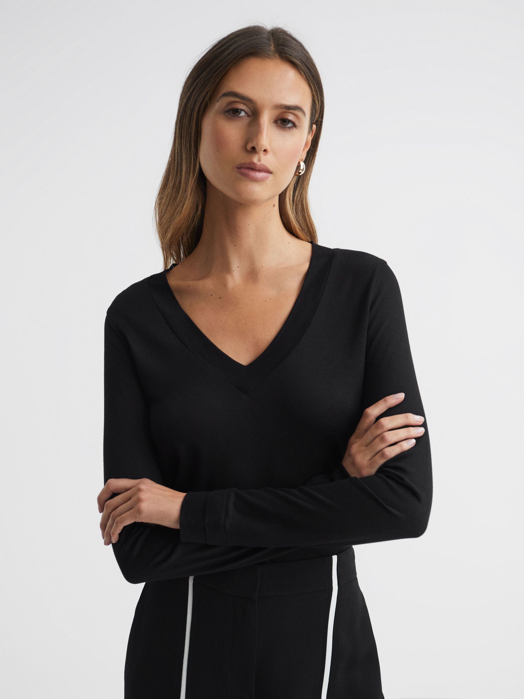 Jersey V-Neck Top in Black - Image 1 of 6