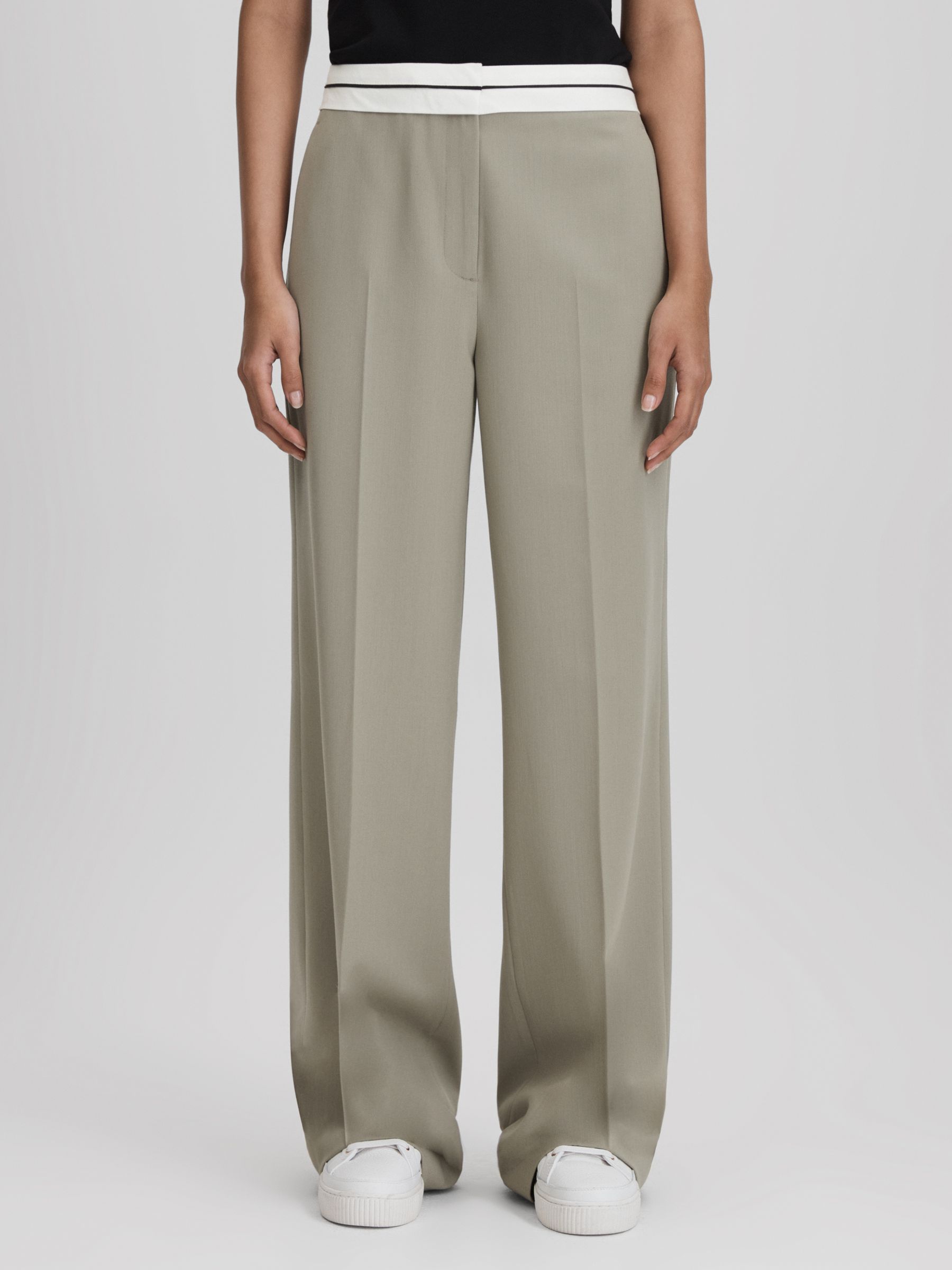 Contrast Waistband Wide Leg Suit Trousers in Green - Image 1 of 6