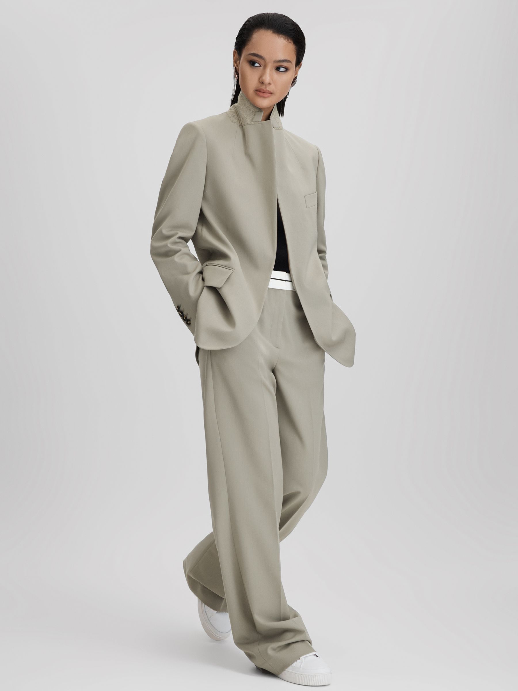 Contrast Waistband Wide Leg Suit Trousers in Green - Image 3 of 6