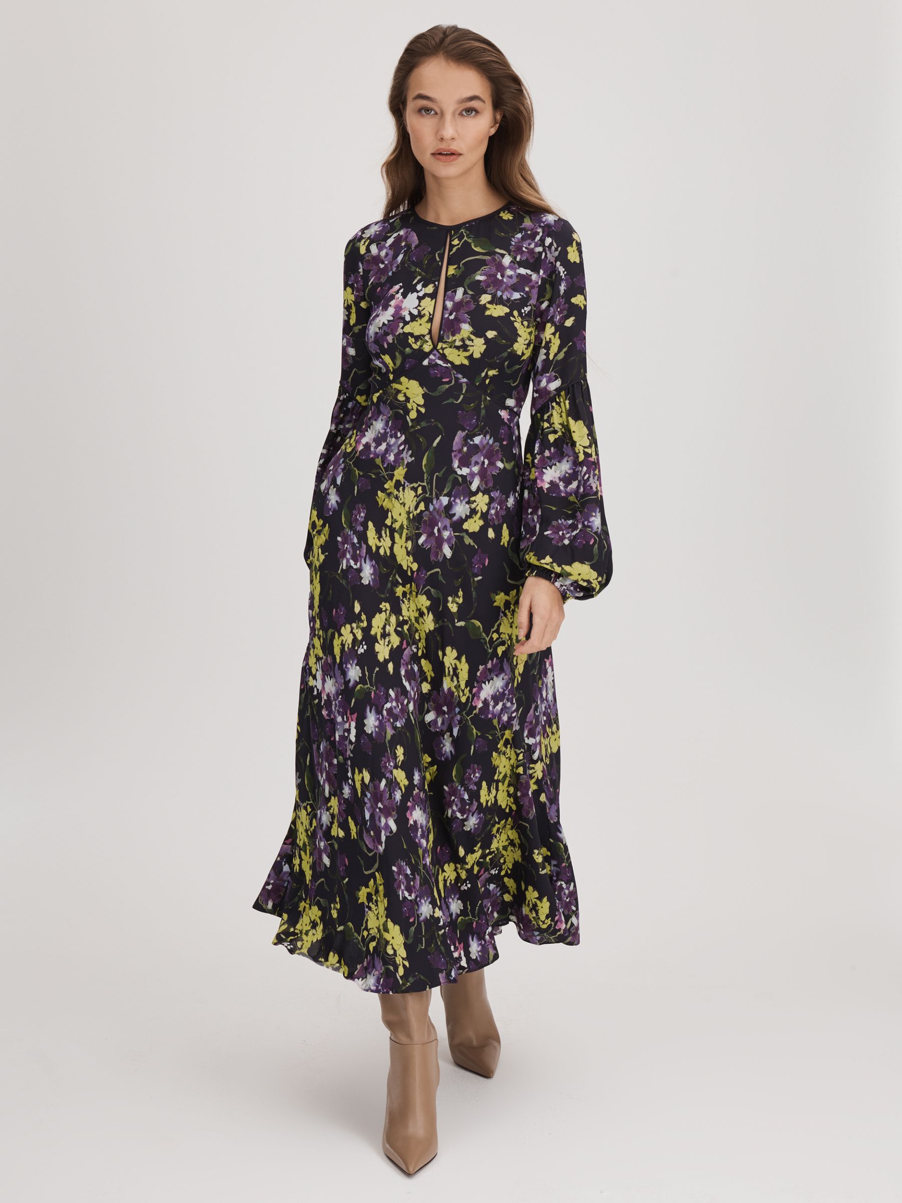 Florere Printed Blouson Sleeve Midi Dress in Dark Purple - Image 1 of 7