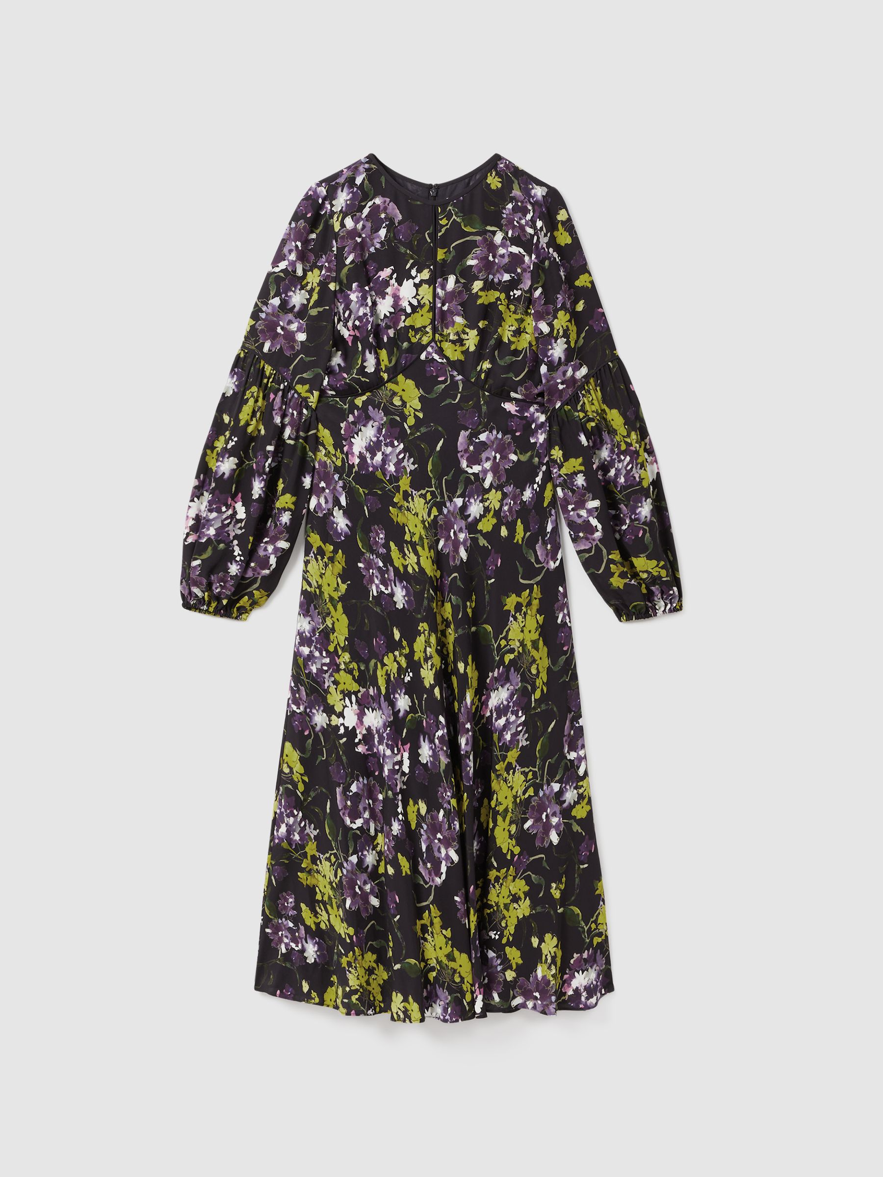 Florere Printed Blouson Sleeve Midi Dress in Dark Purple - Image 2 of 7