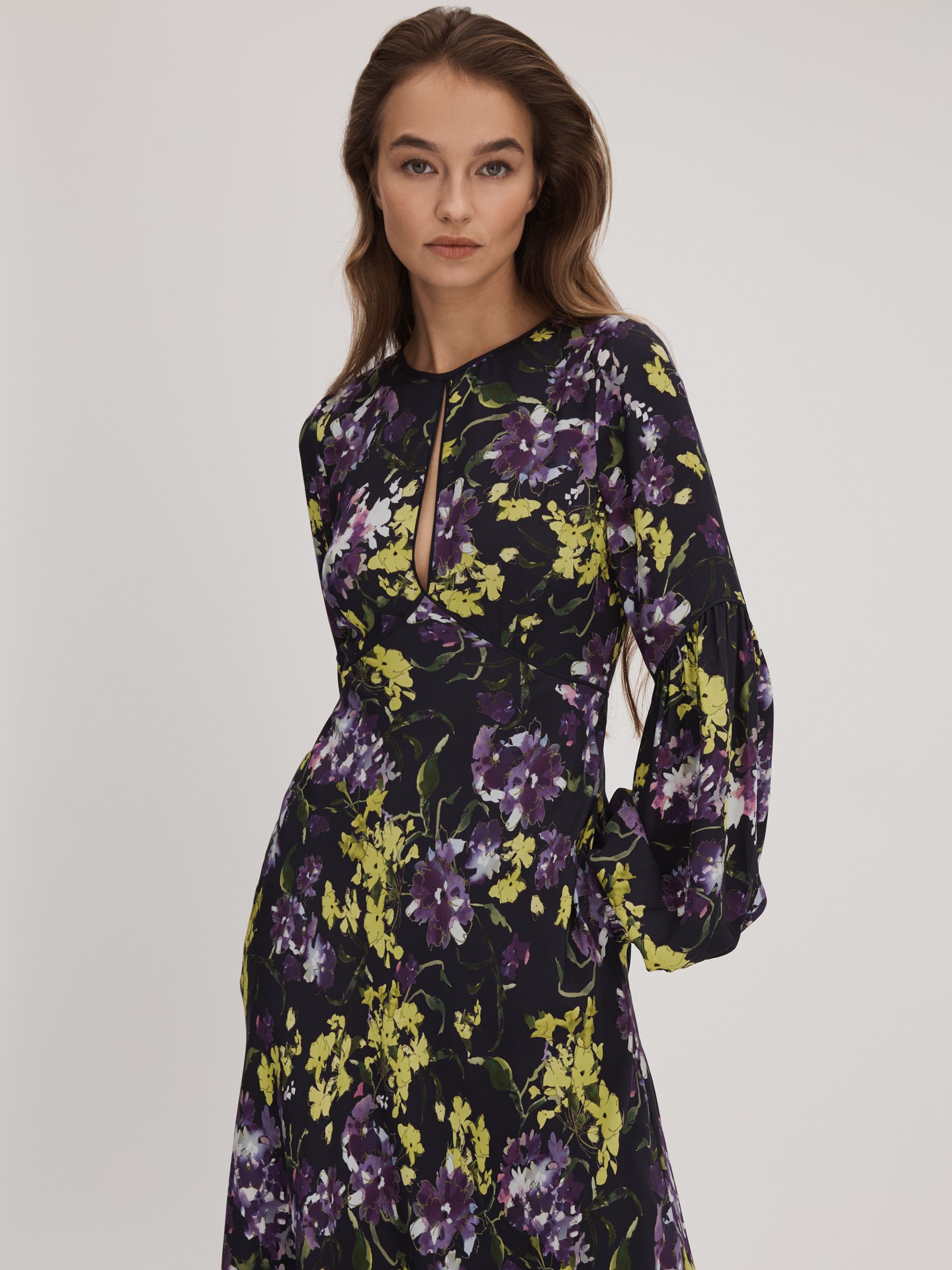 Florere Printed Blouson Sleeve Midi Dress in Dark Purple - Image 3 of 7