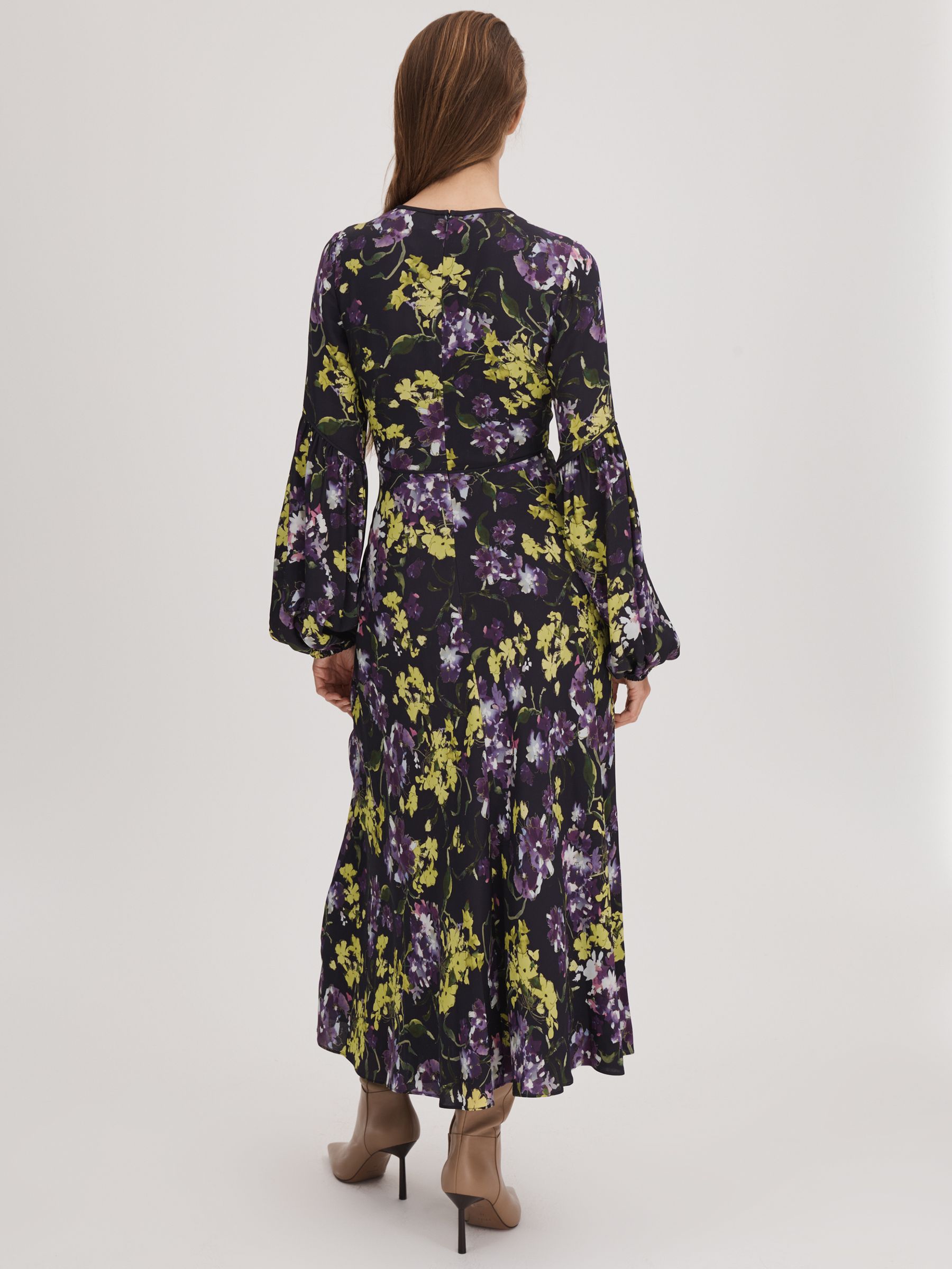 Florere Printed Blouson Sleeve Midi Dress in Dark Purple - Image 6 of 7